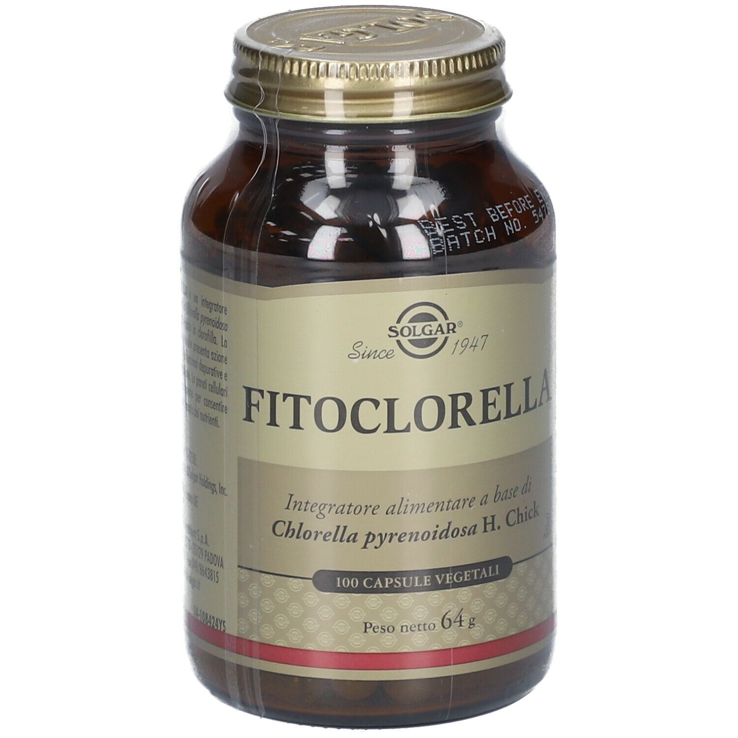 Flacone di vetro marrone con tappo dorato, confezionato. Etichetta "FITOCLORELLA" e logo SOLGAR. 100 capsule.