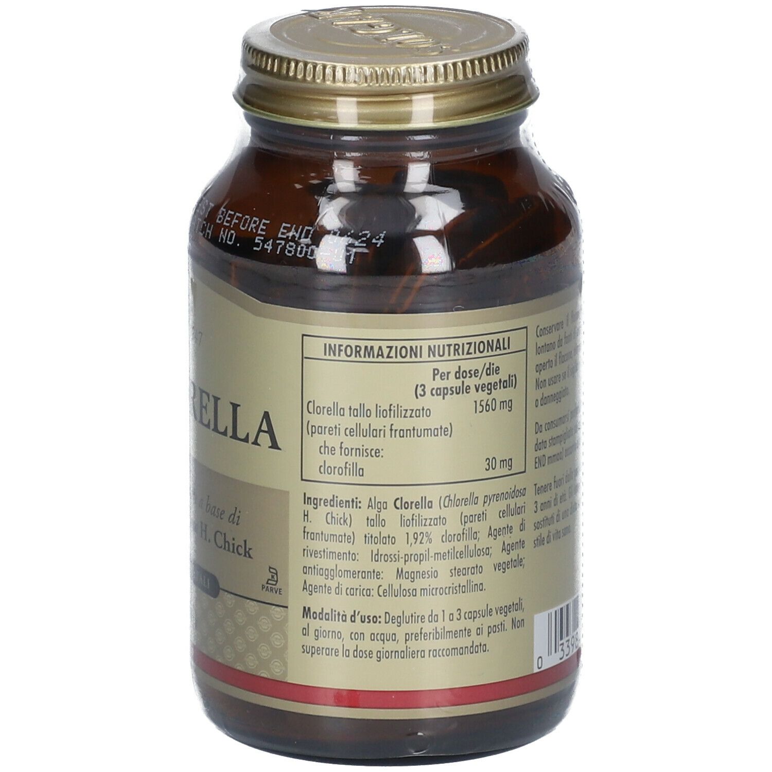 Flacone di vetro marrone con tappo dorato. Retro con testo. Etichetta "FITOCLORELLA".
