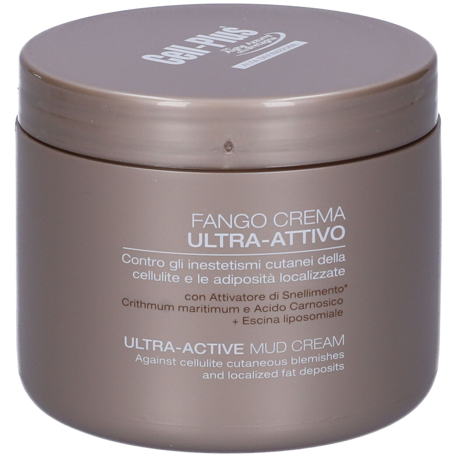 Barattolo marrone con coperchio. Scritta Cell-Plus e Fango Crema Ultra-Attivo. Testo in italiano e inglese.