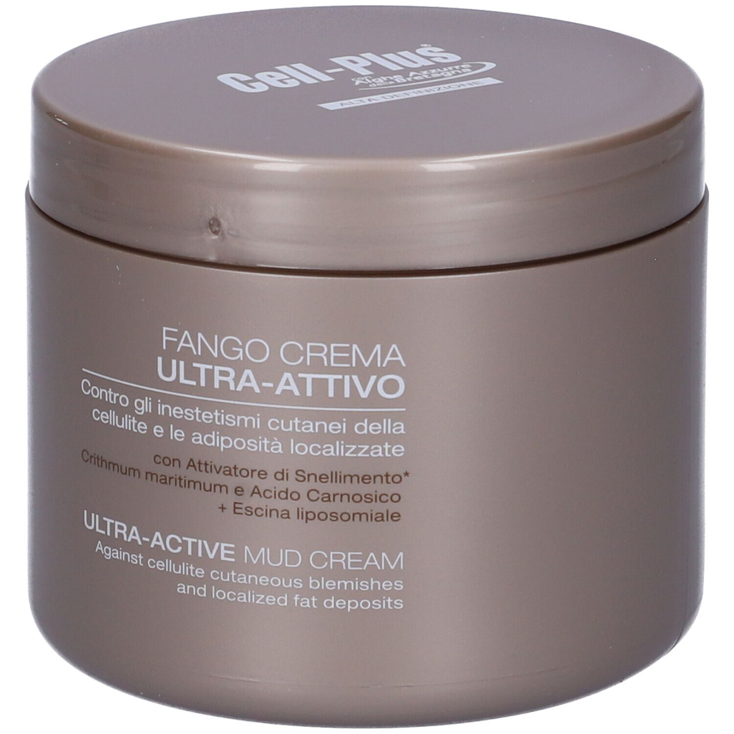 Barattolo marrone con coperchio. Scritta Cell-Plus e Fango Crema Ultra-Attivo. Testo in italiano e inglese.