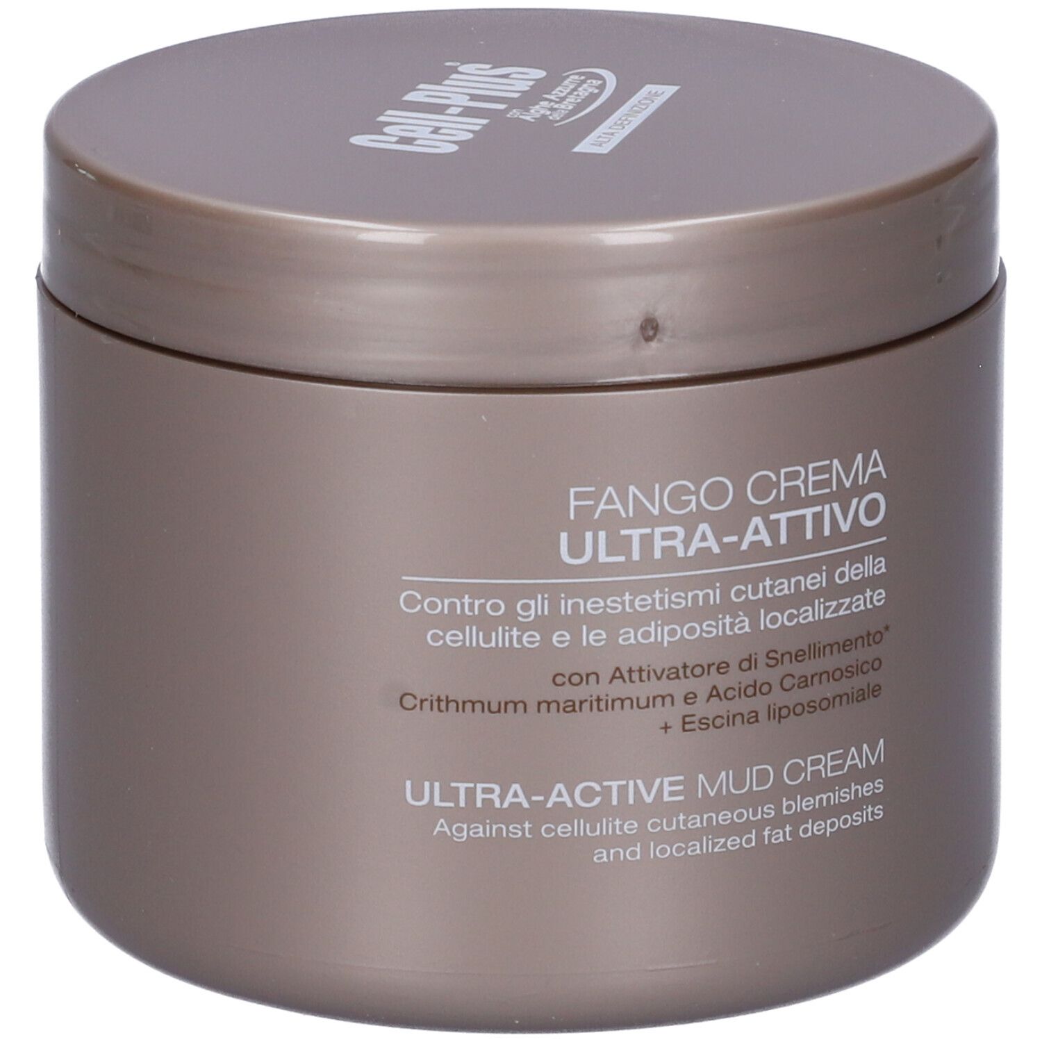 Barattolo marrone con coperchio. Scritta Cell-Plus e Fango Crema Ultra-Attivo. Testo in italiano e inglese.