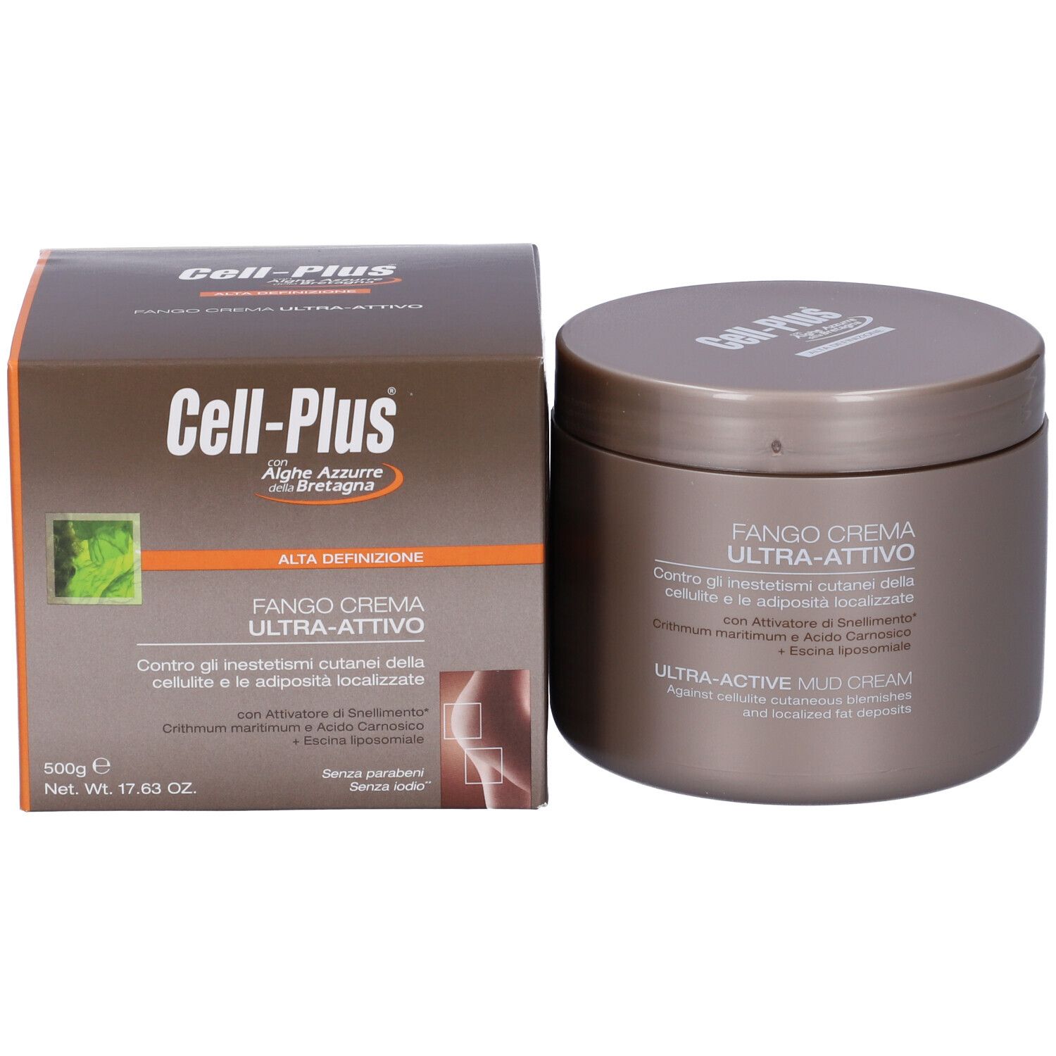 Barattolo marrone e scatola. Scritta Cell-Plus e Fango Crema Ultra-Attivo. Testo in italiano e inglese. 500g.