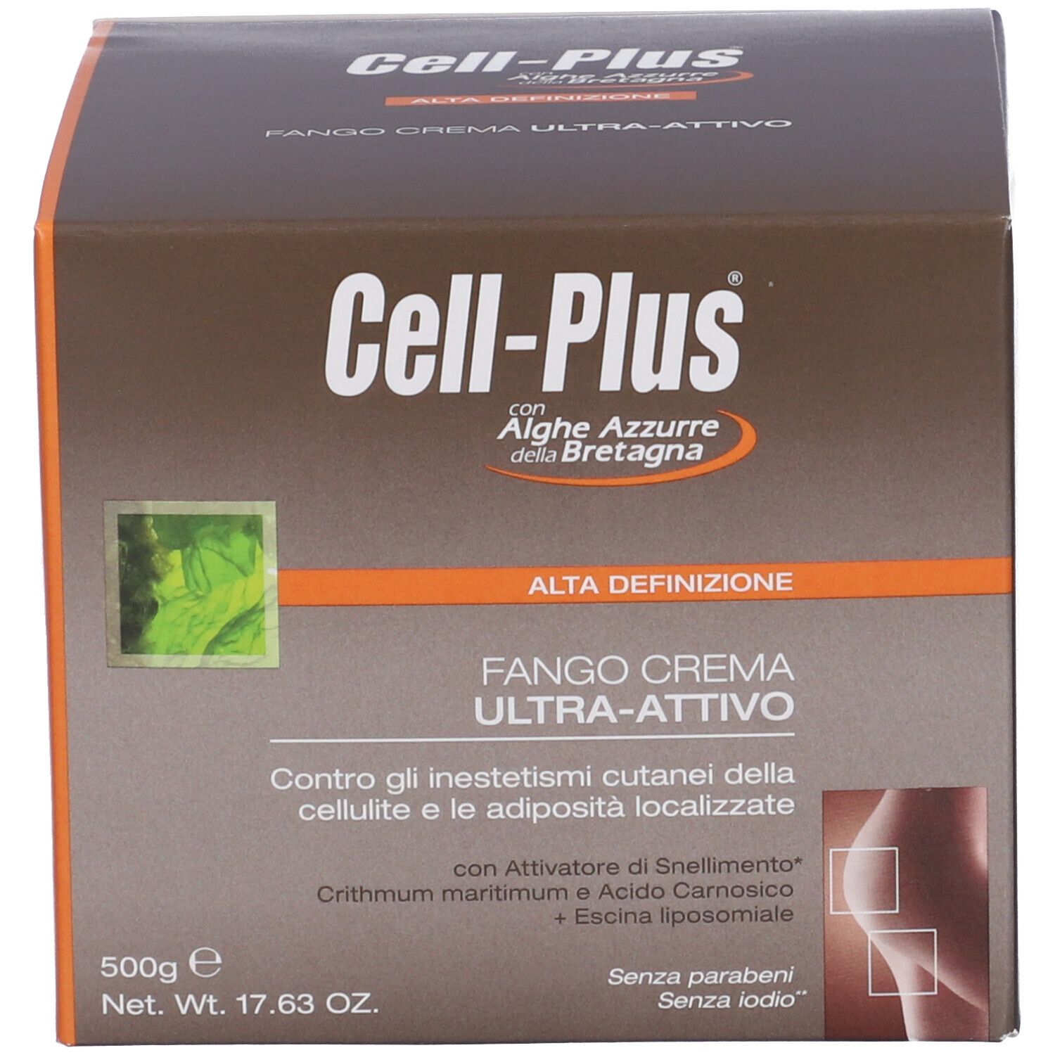 Scatola con scritta Cell-Plus e Fango Crema Ultra-Attivo. Testo in italiano e inglese. 500g. Senza parabeni.