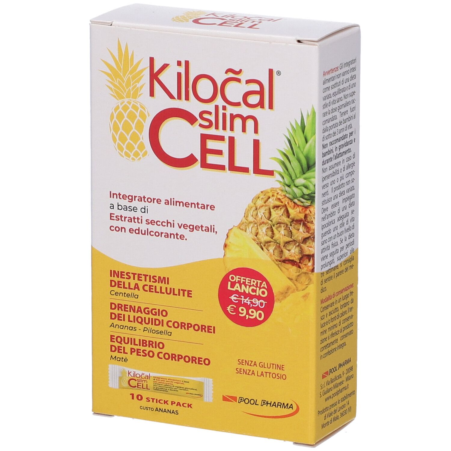 Boîte de Kilocal Slim Cell. Logo, illustrations d'ananas, informations produit, prix, et mentions 'Senza glutine, senza lattosio' visibles.