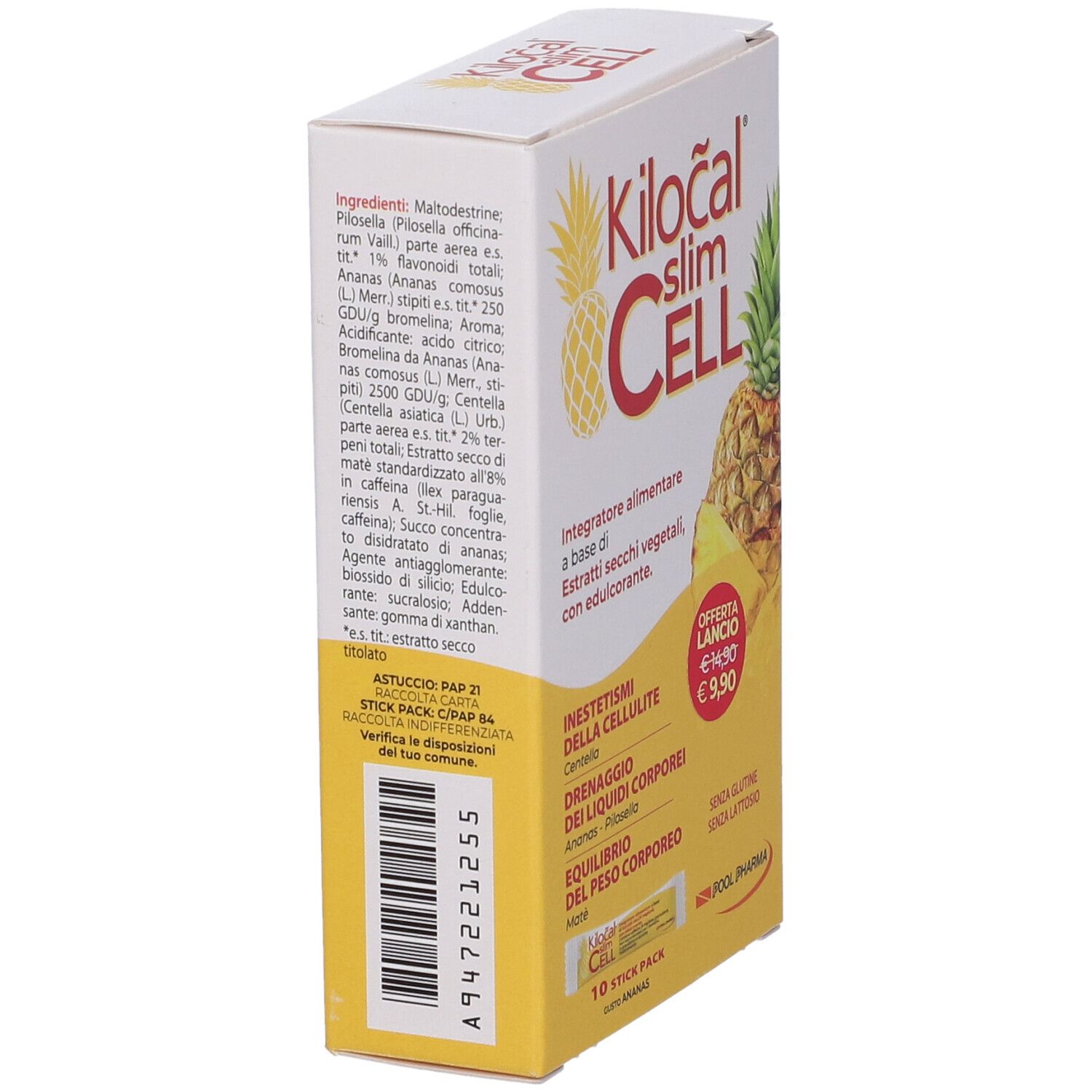 Vue latérale de la boîte Kilocal Slim Cell. Liste des ingrédients, code-barres et informations produit. Fond jaune avec illustration d'ananas.