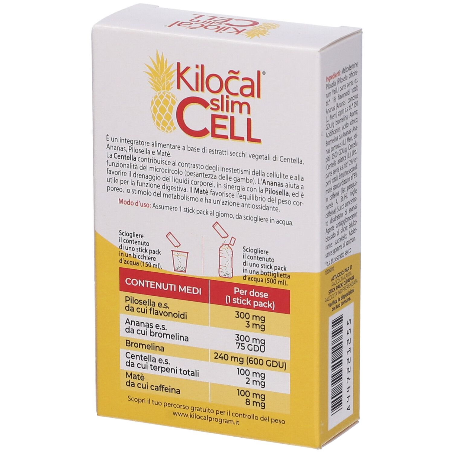 Dos de la boîte Kilocal Slim Cell. Informations nutritionnelles et instructions. Fond jaune avec logo et illustration d'ananas.