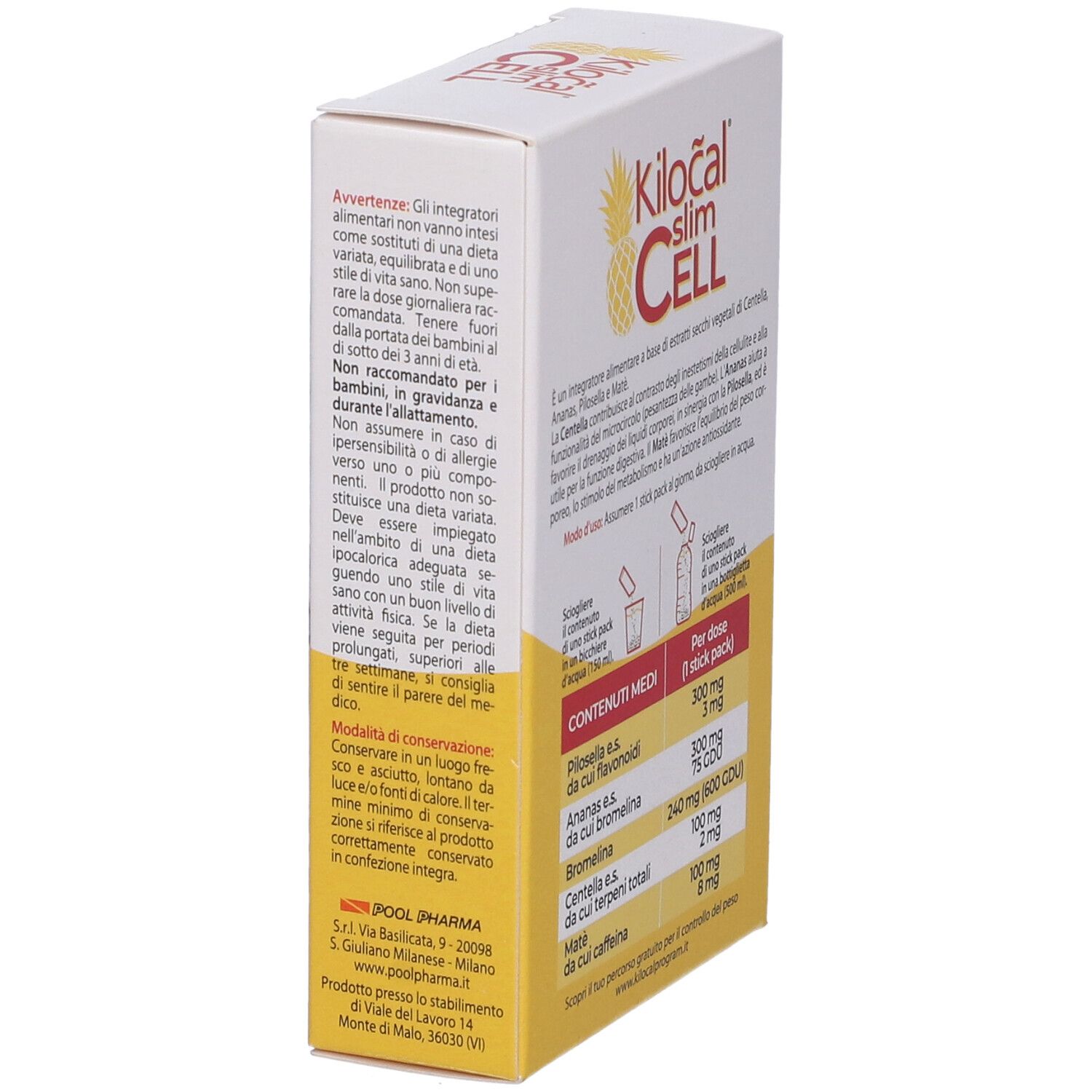 Dos de la boîte Kilocal Slim Cell. Avertissements et informations nutritionnelles. Fond jaune avec logo et illustration d'ananas.