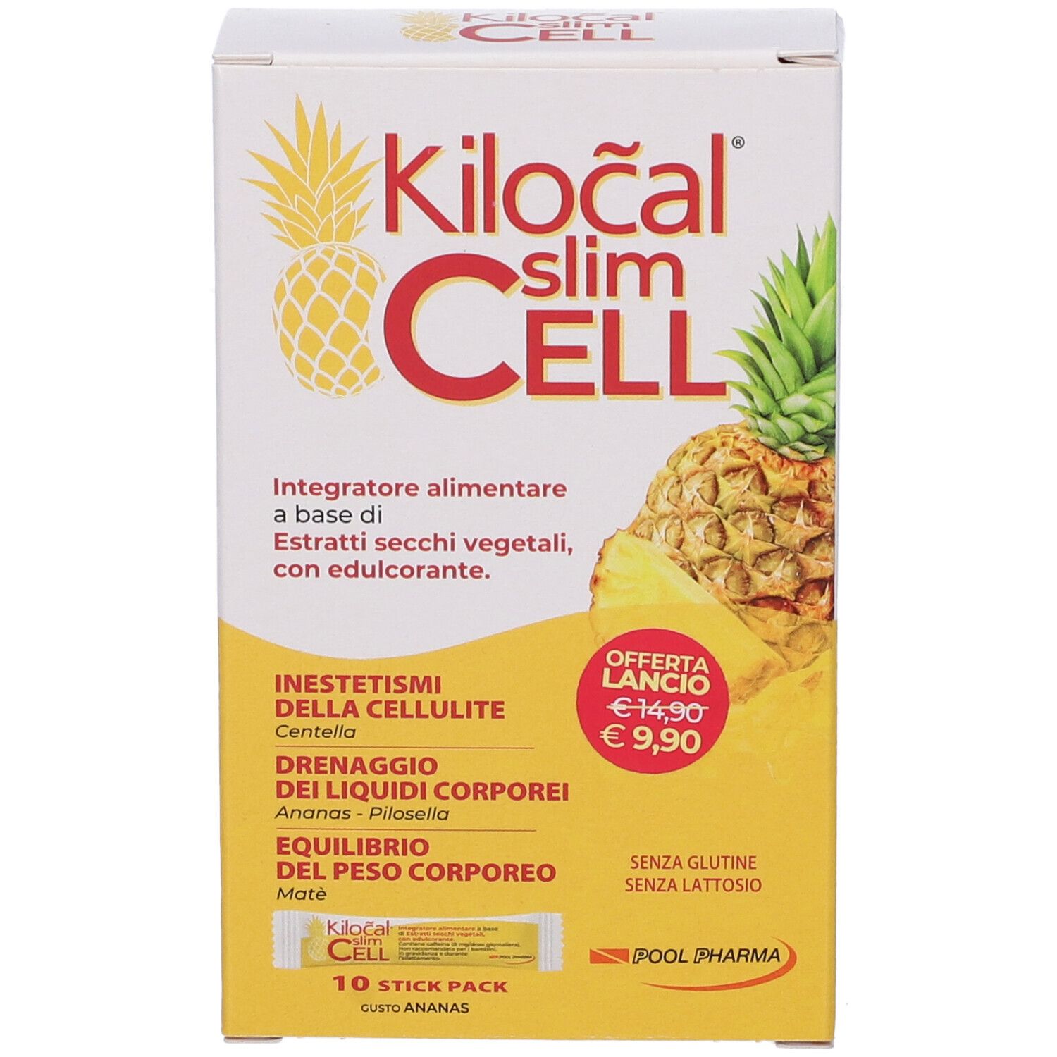 Boîte de Kilocal Slim Cell. Logo, illustrations d'ananas, informations produit, prix, et mentions 'Senza glutine, senza lattosio' visibles.