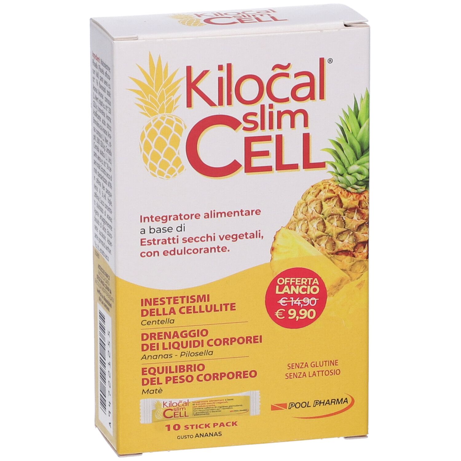 Boîte de Kilocal Slim Cell. Logo, illustrations d'ananas, informations produit, prix, et mentions 'Senza glutine, senza lattosio' visibles.