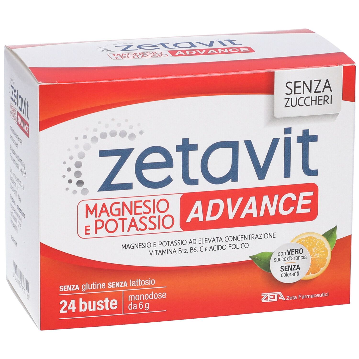 Scatola Zetavit Magnesio e Potassio Advance. Contiene 24 bustine. Senza zucchero, glutine e lattosio. Con succo d'arancia.
