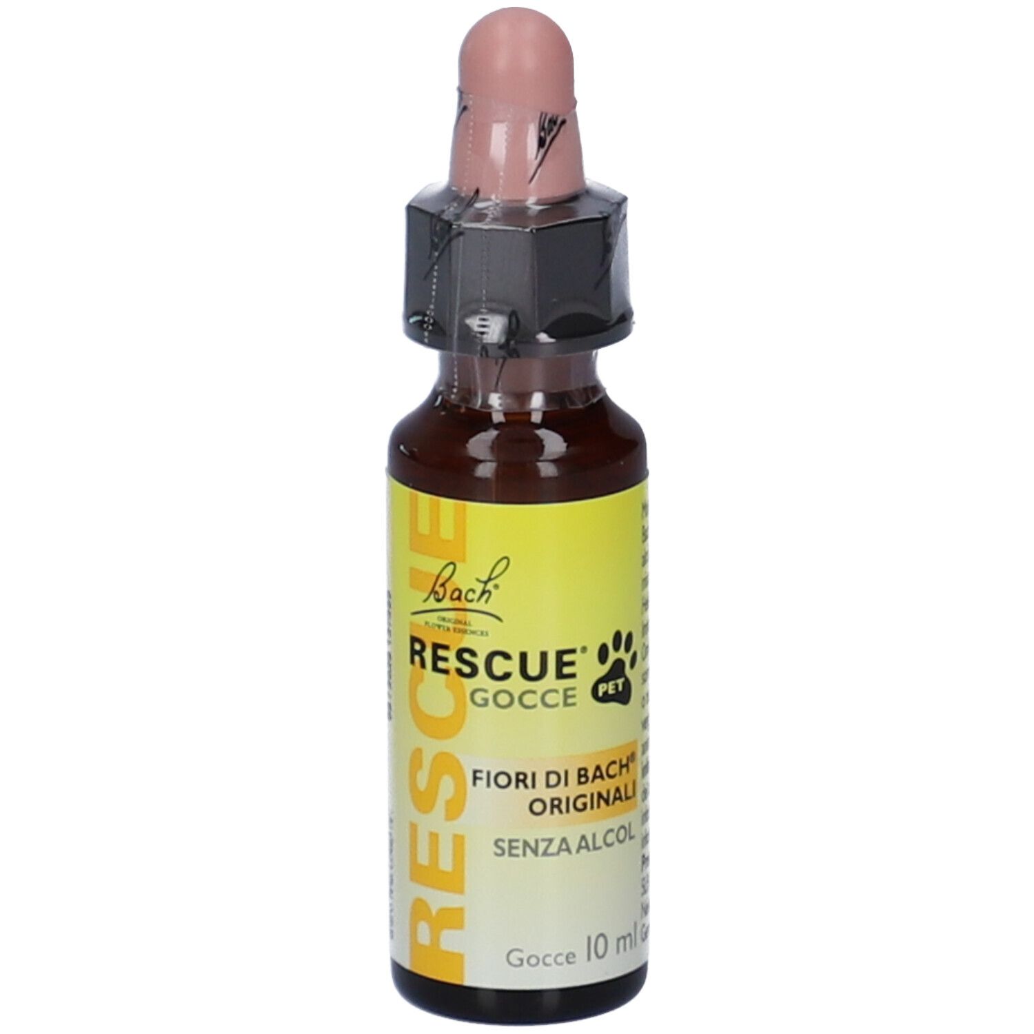 Flacone di vetro marrone con tappo rosa. Scritta: RESCUE Gocce PET, Fiori di Bach Originali, senza alcool.