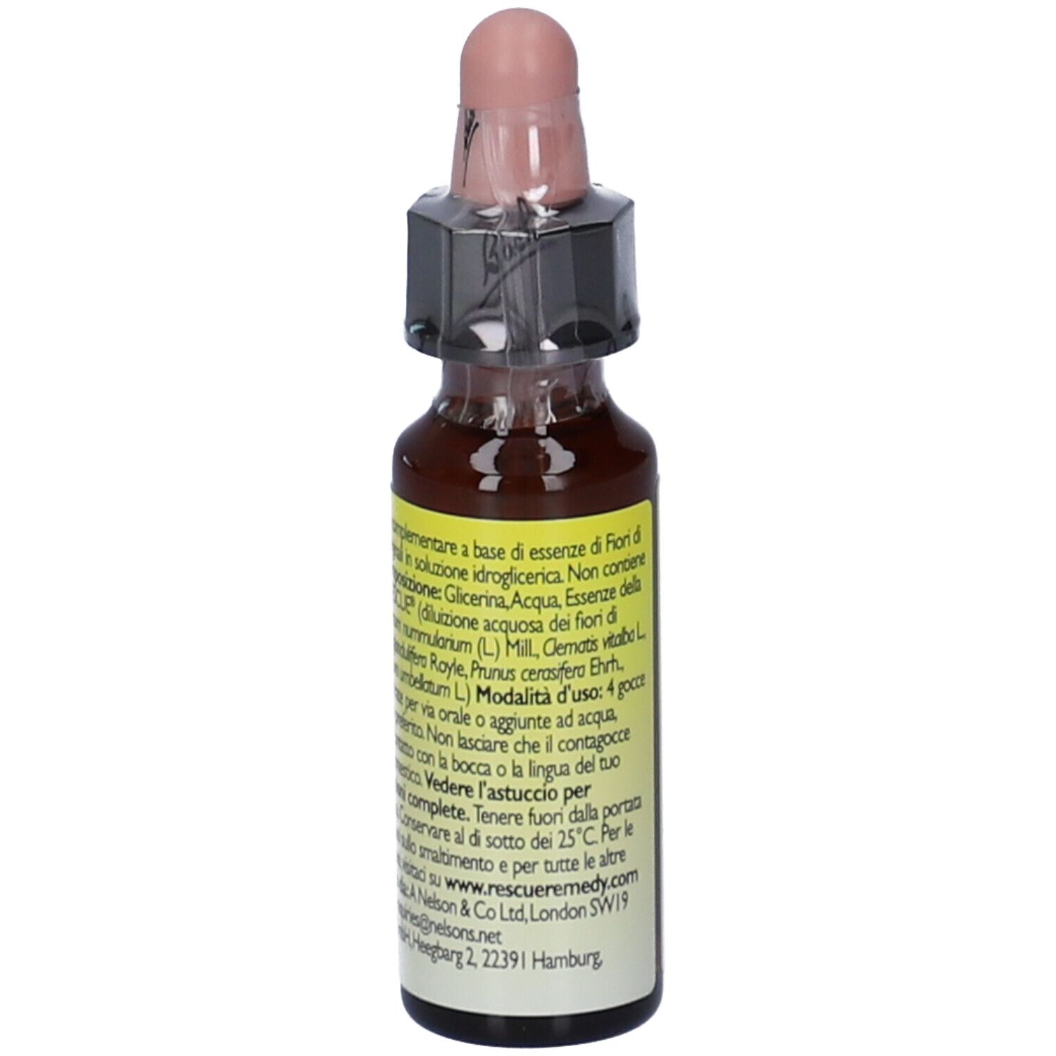 Retro di un flacone di vetro marrone con tappo rosa. Testo: ingredienti, istruzioni per l'uso, informazioni sul produttore.
