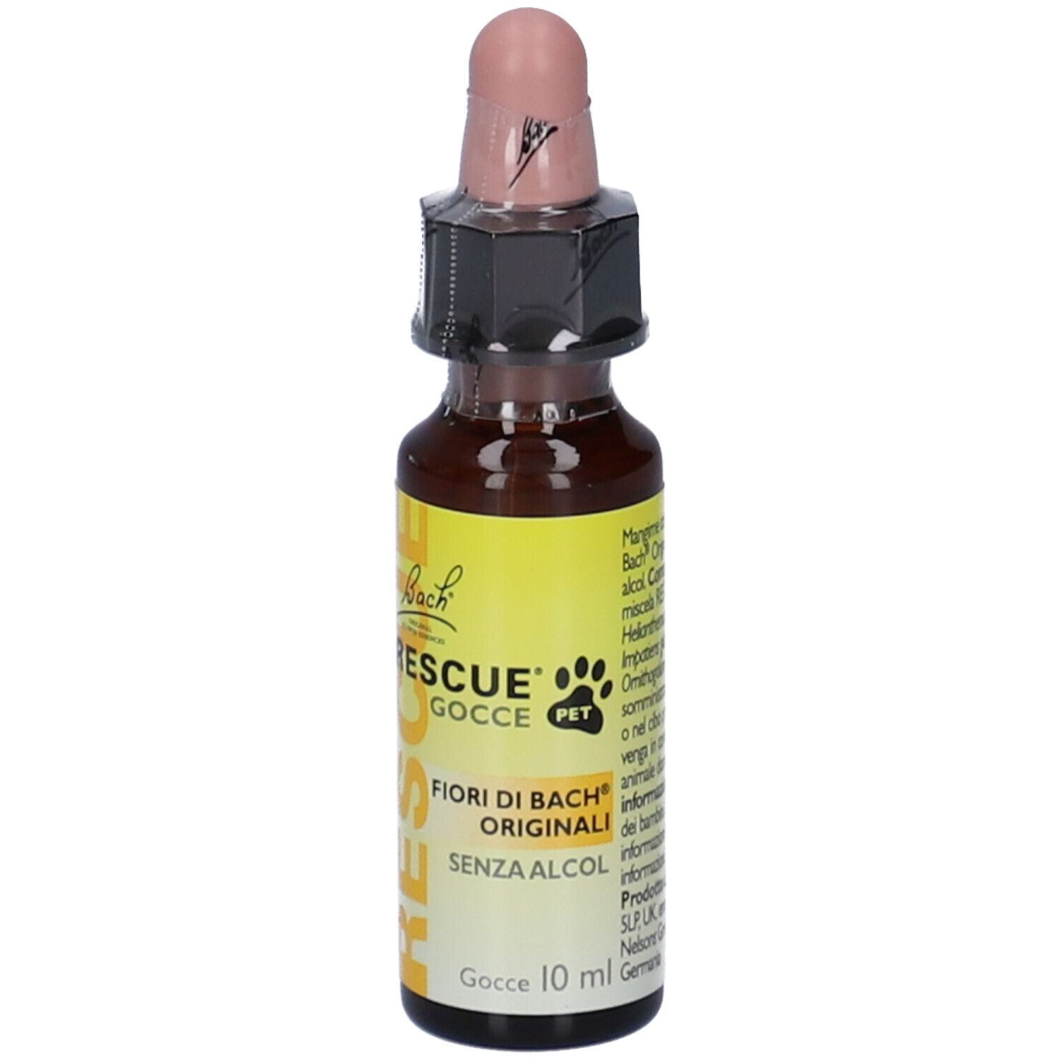 Flacone di vetro marrone con tappo rosa. Scritta: RESCUE Gocce PET, Fiori di Bach Originali, senza alcool.