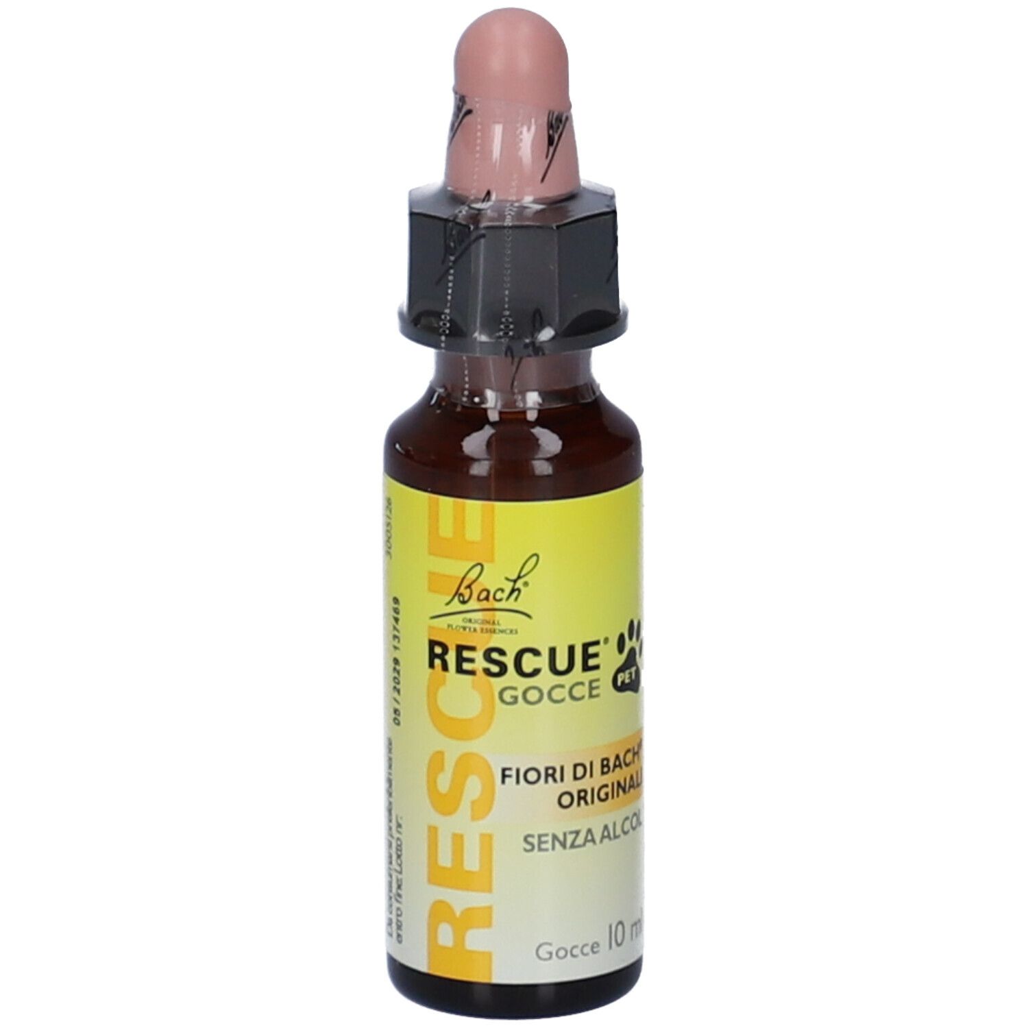 Flacone di vetro marrone con tappo rosa. Scritta: RESCUE Gocce PET, Fiori di Bach Originali, senza alcool.