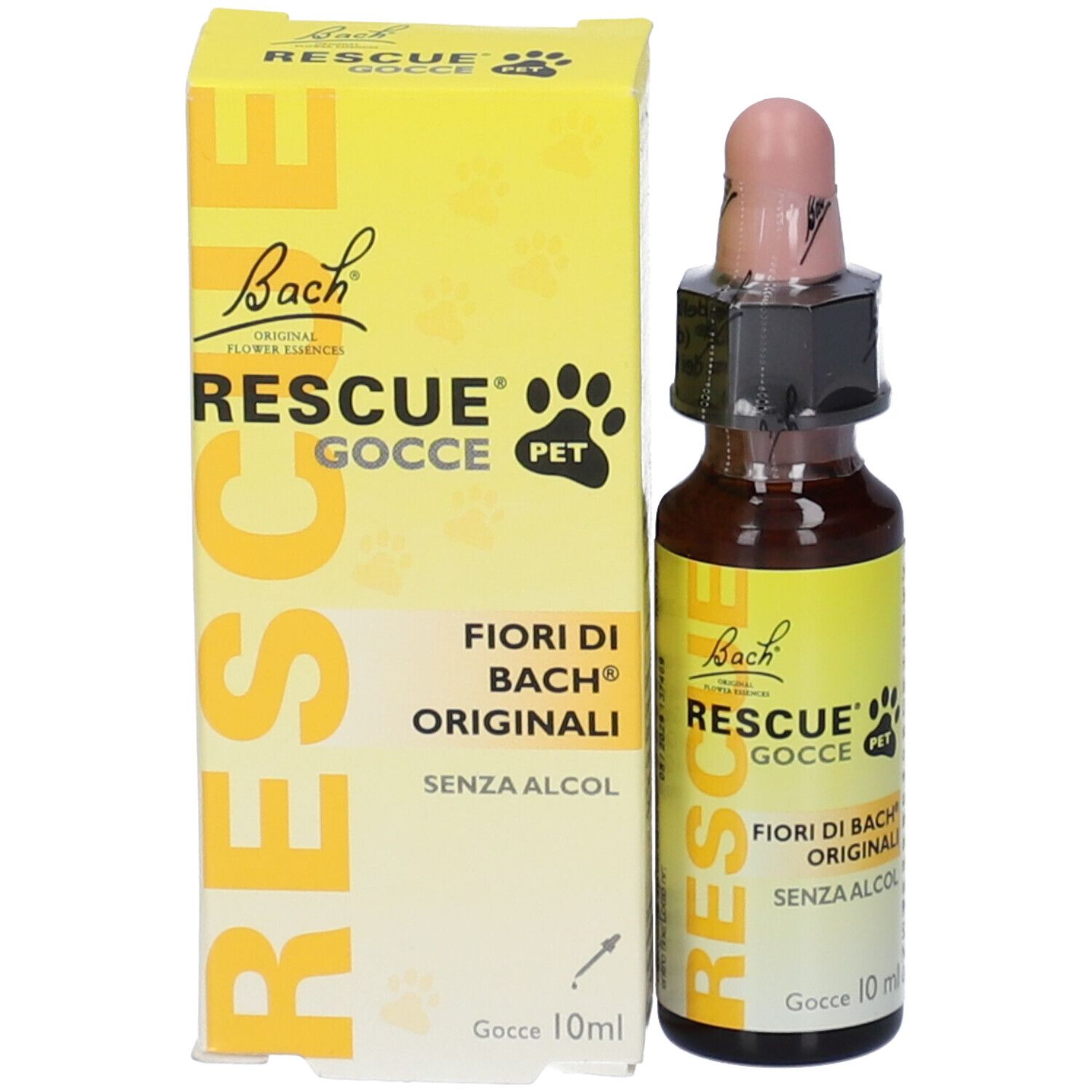 Flacone di vetro marrone con tappo rosa accanto a una scatola gialla. Scritta: RESCUE Gocce PET, Fiori di Bach Originali.