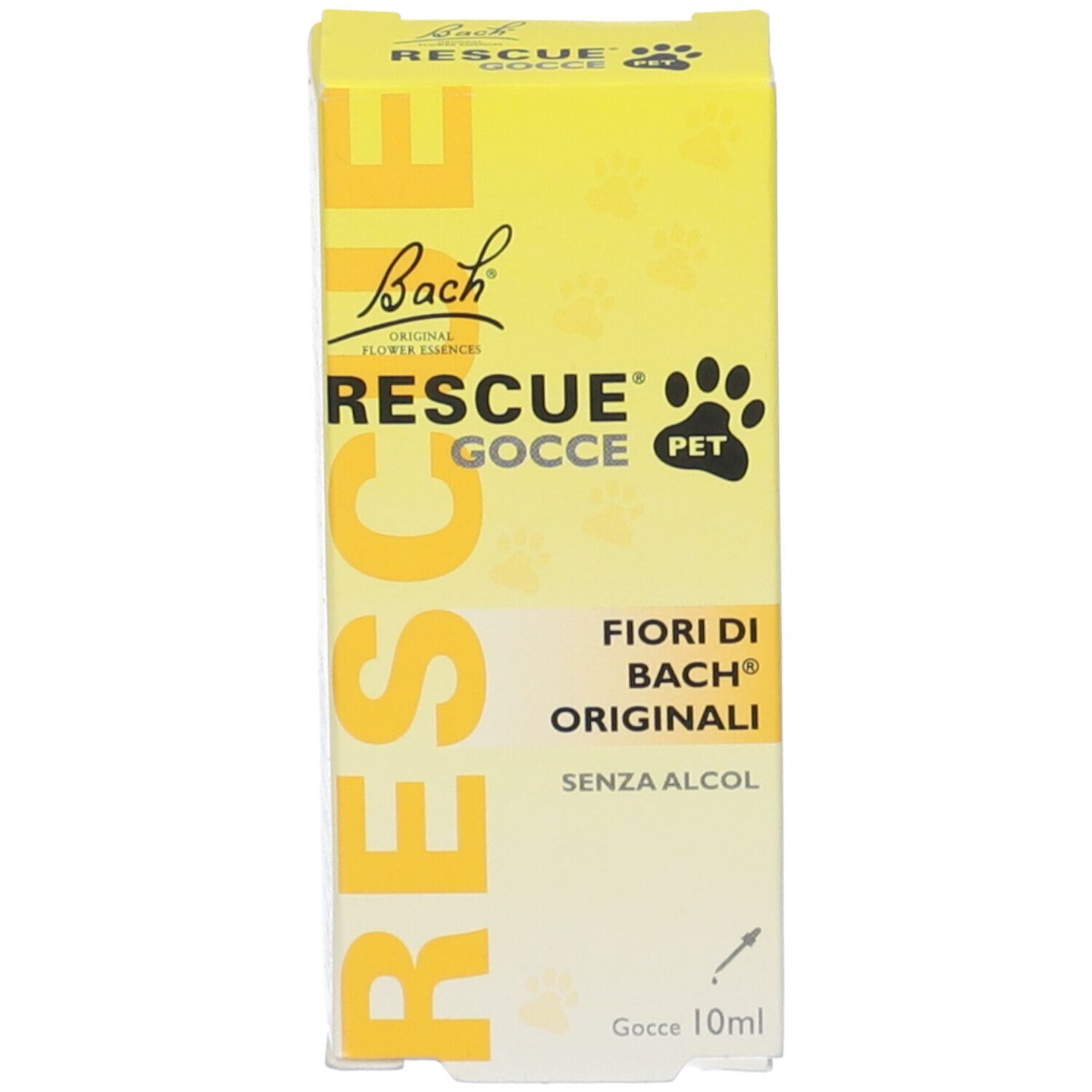 Scatola gialla con scritta: RESCUE Gocce PET, Fiori di Bach Originali, senza alcool. Simbolo di zampa.