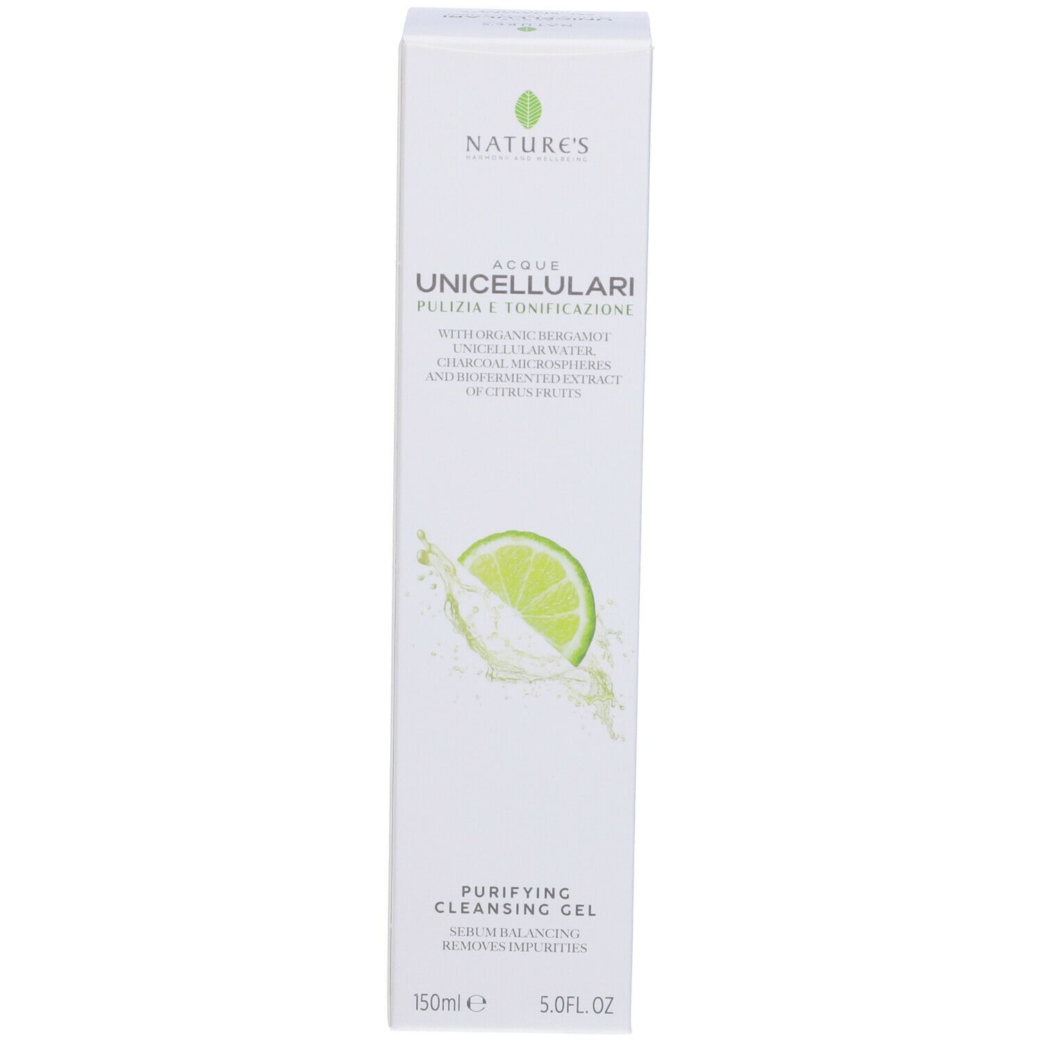 Scatola bianca con logo e nome del prodotto. Immagine di un lime. Testo: Gel Detergente Purificante.
