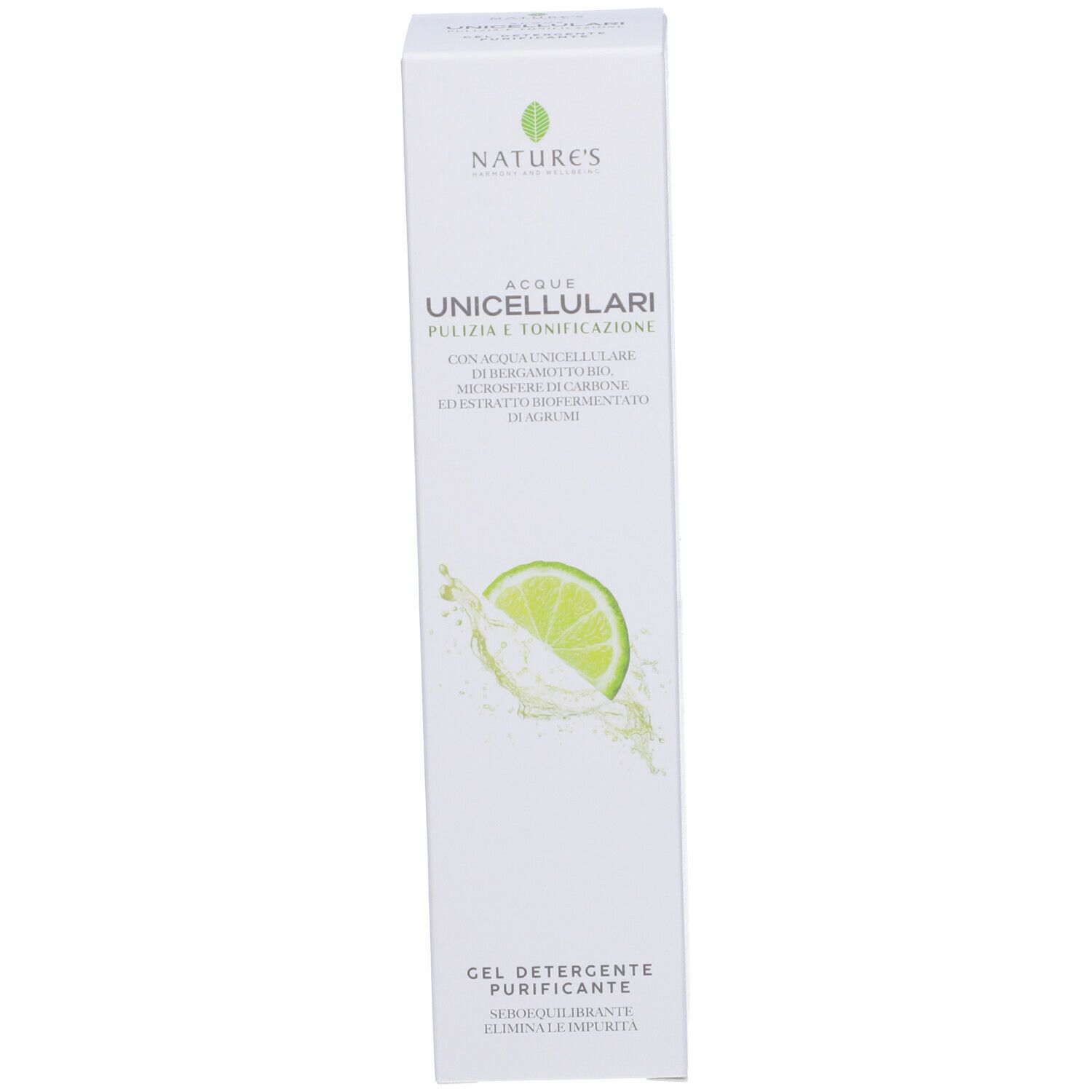 Scatola bianca con logo e nome del prodotto. Immagine di un lime. Testo: Gel Detergente Purificante.