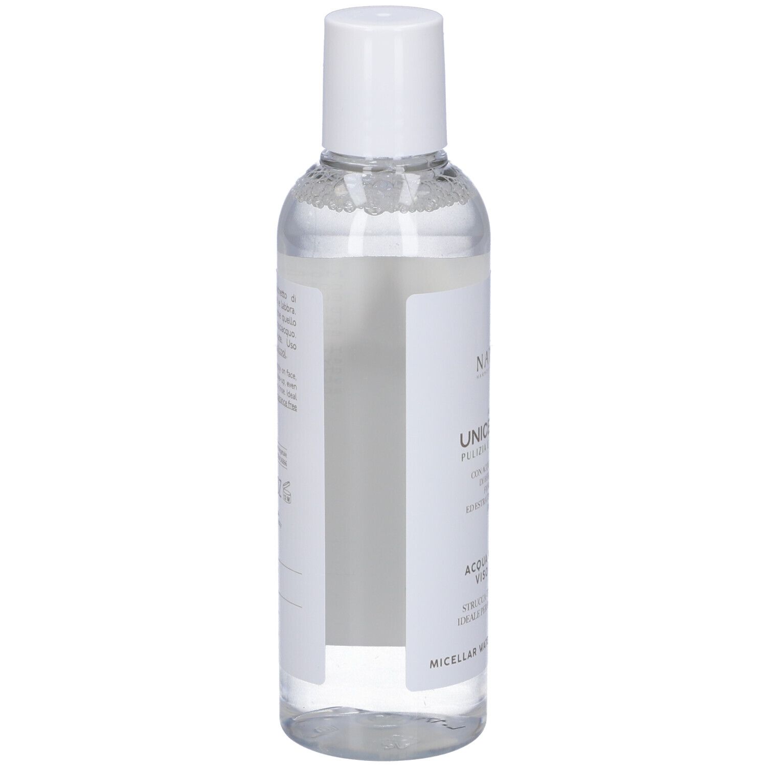 Acqua Micellare Nature's: Vista posteriore del flacone trasparente con contenuto limpido e tappo bianco. Etichetta con informazioni sul prodotto.