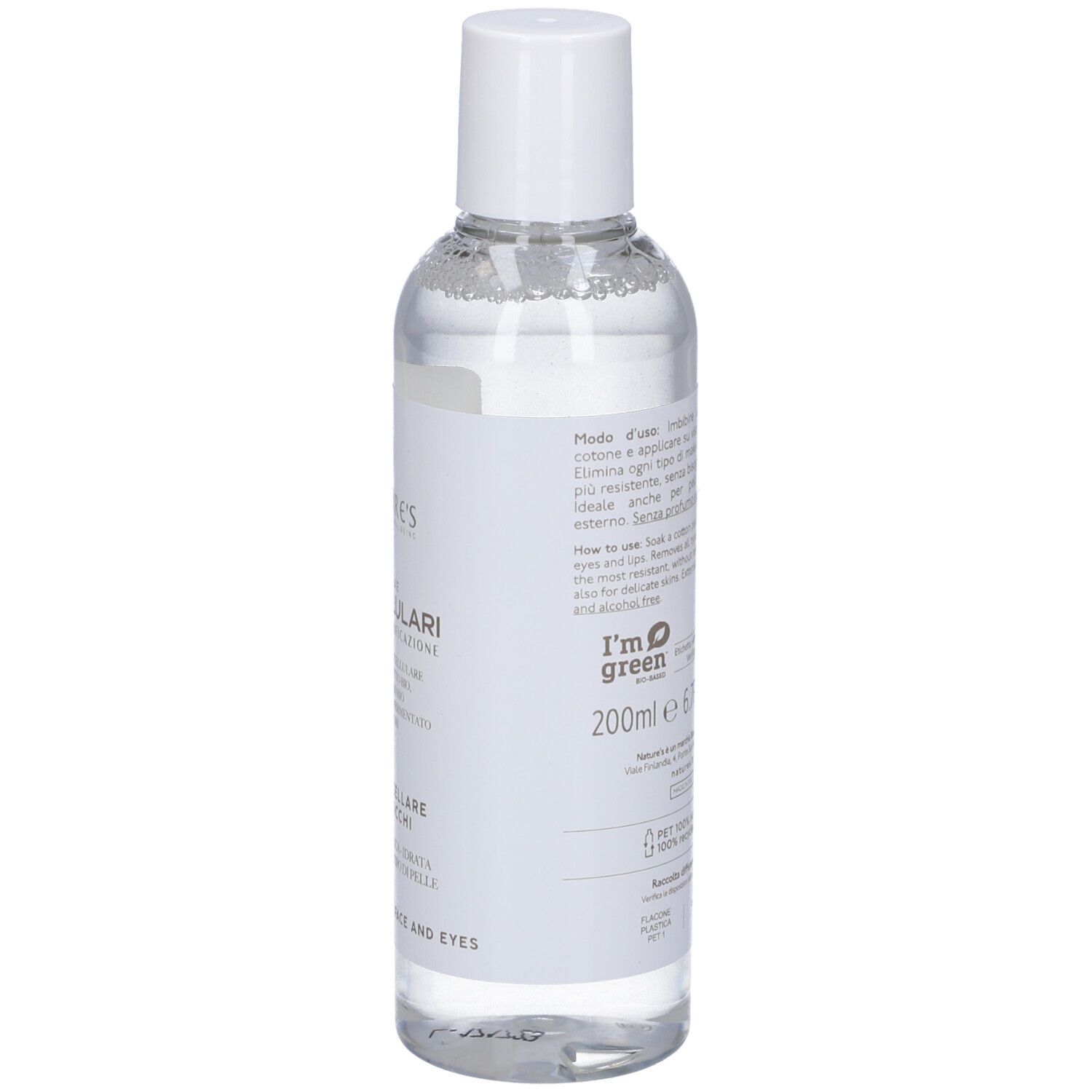 Acqua Micellare Nature's: Vista laterale del flacone trasparente con contenuto limpido e tappo bianco. Etichetta con informazioni sul prodotto.