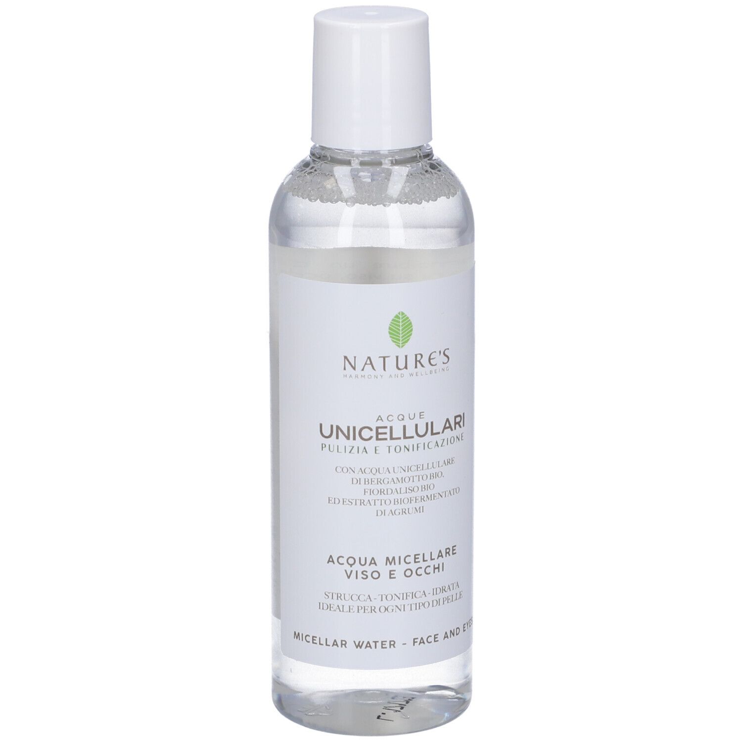 Acqua Micellare Nature's: Vista frontale del flacone trasparente con contenuto limpido e tappo bianco. Etichetta con informazioni sul prodotto.