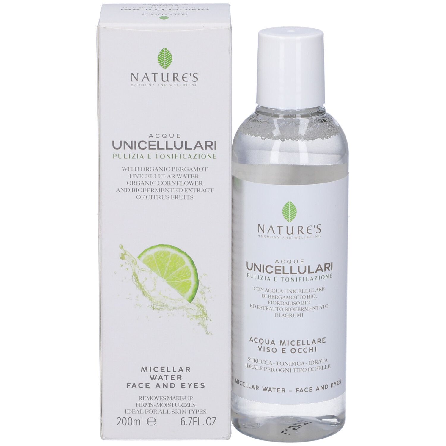 Acqua Micellare Nature's: Flacone e scatola. Entrambi mostrano il logo Nature's, il nome del prodotto e una fetta di lime.