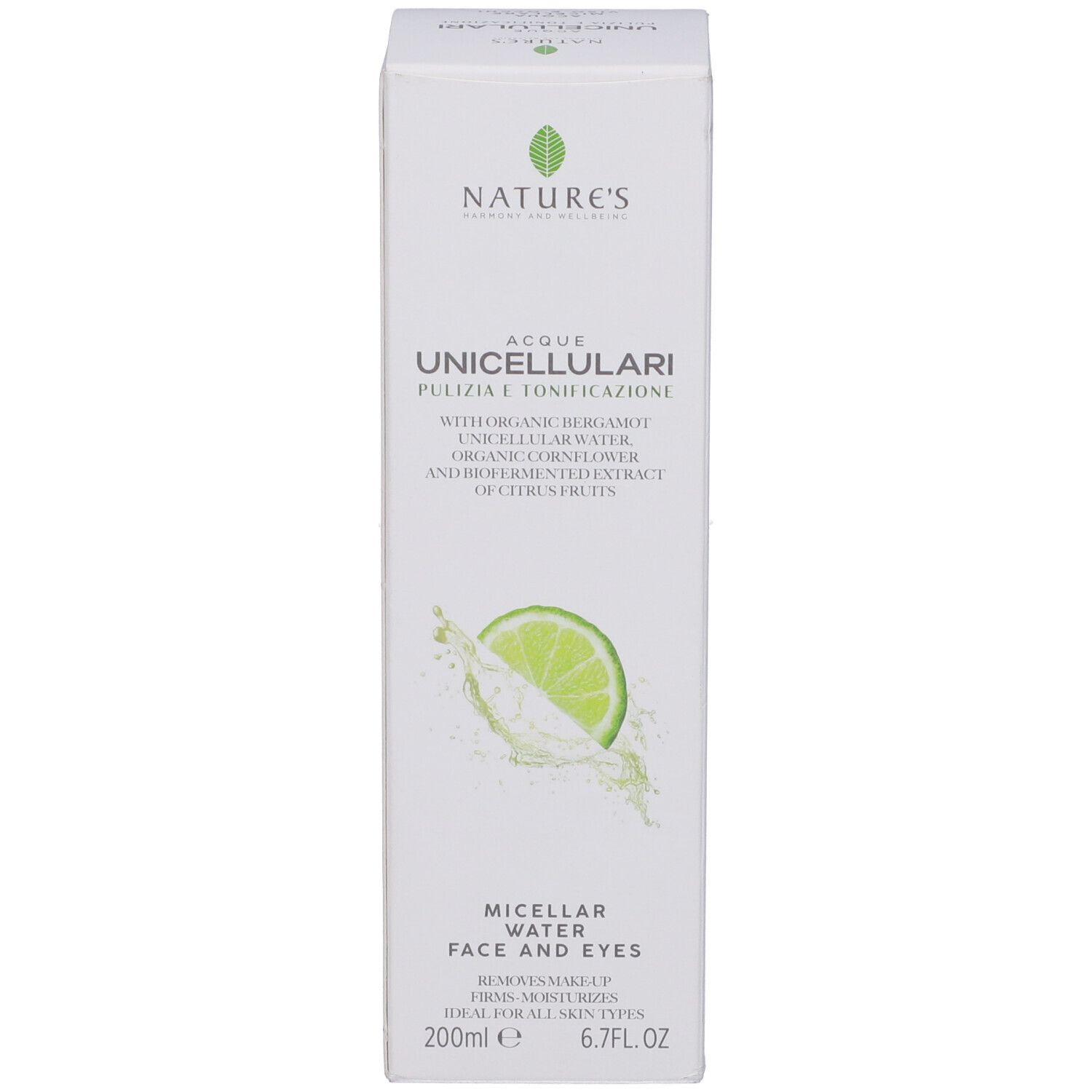 Acqua Micellare Nature's: Scatola con logo, nome del prodotto, fetta di lime e testo 'Micellar Water Face and Eyes'.