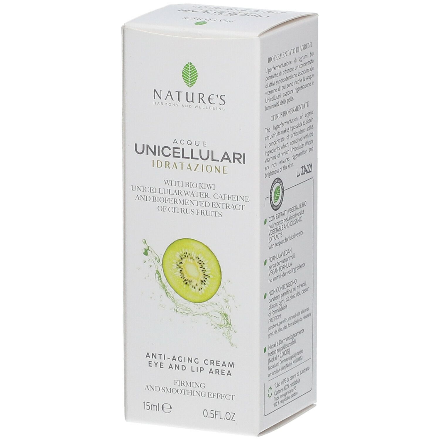 Confezione NATURE'S Acque Unicellulari Idratazione Contorno Occhi Borse e Occhiaie. Scatola bianca con nome prodotto e kiwi.