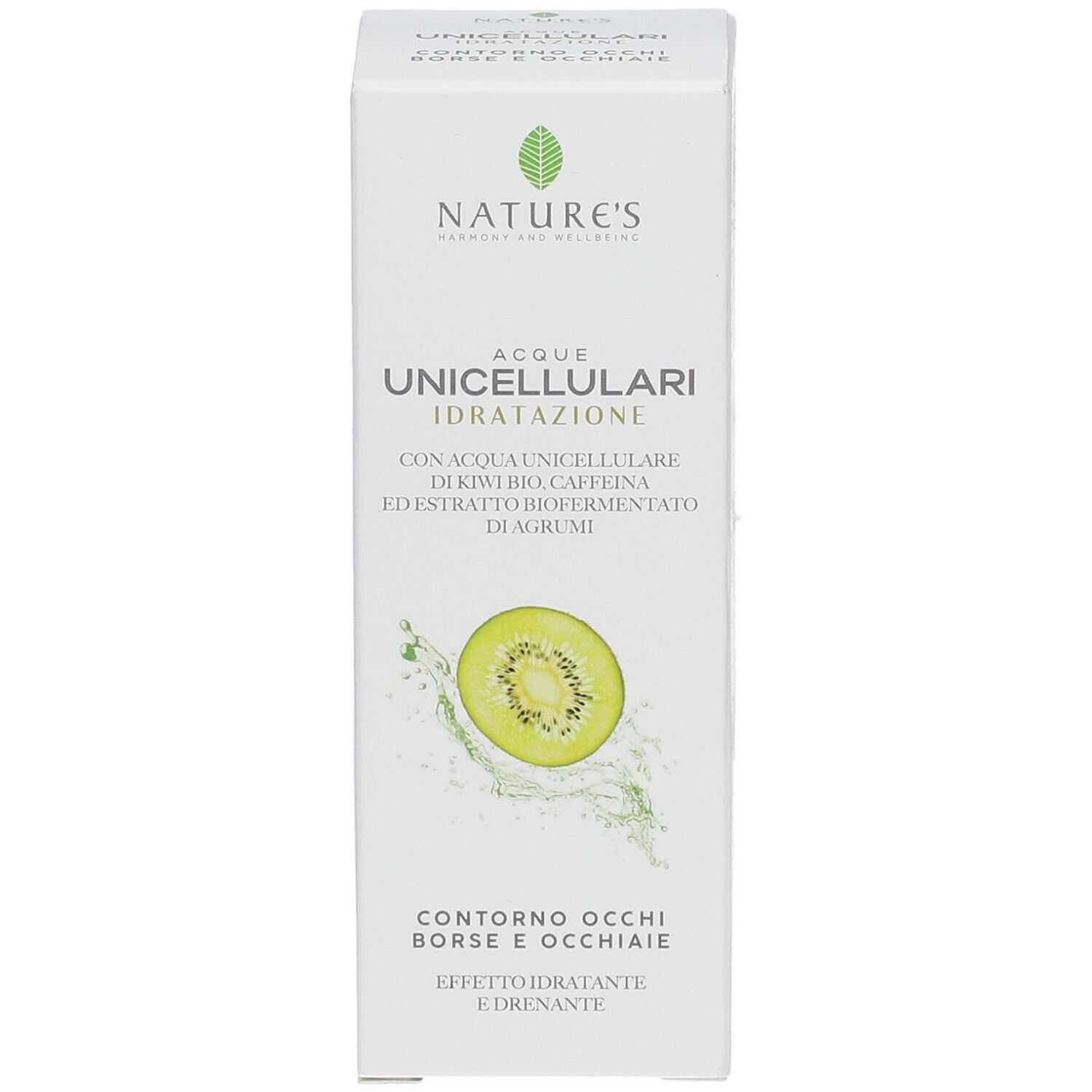 Confezione NATURE'S Acque Unicellulari Idratazione Contorno Occhi Borse e Occhiaie. Scatola bianca con nome prodotto e kiwi.