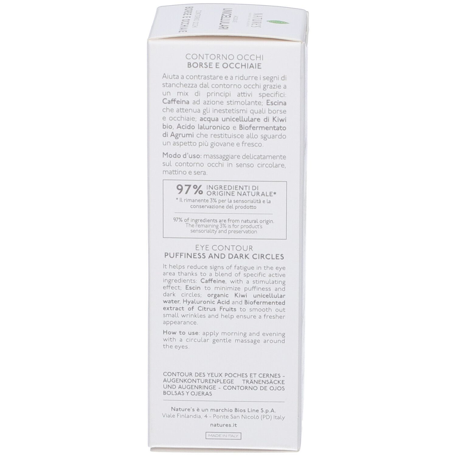 Rückseite der Verpackung NATURE'S Acque Unicellulari Idratazione Contorno Occhi. Text und Logo.