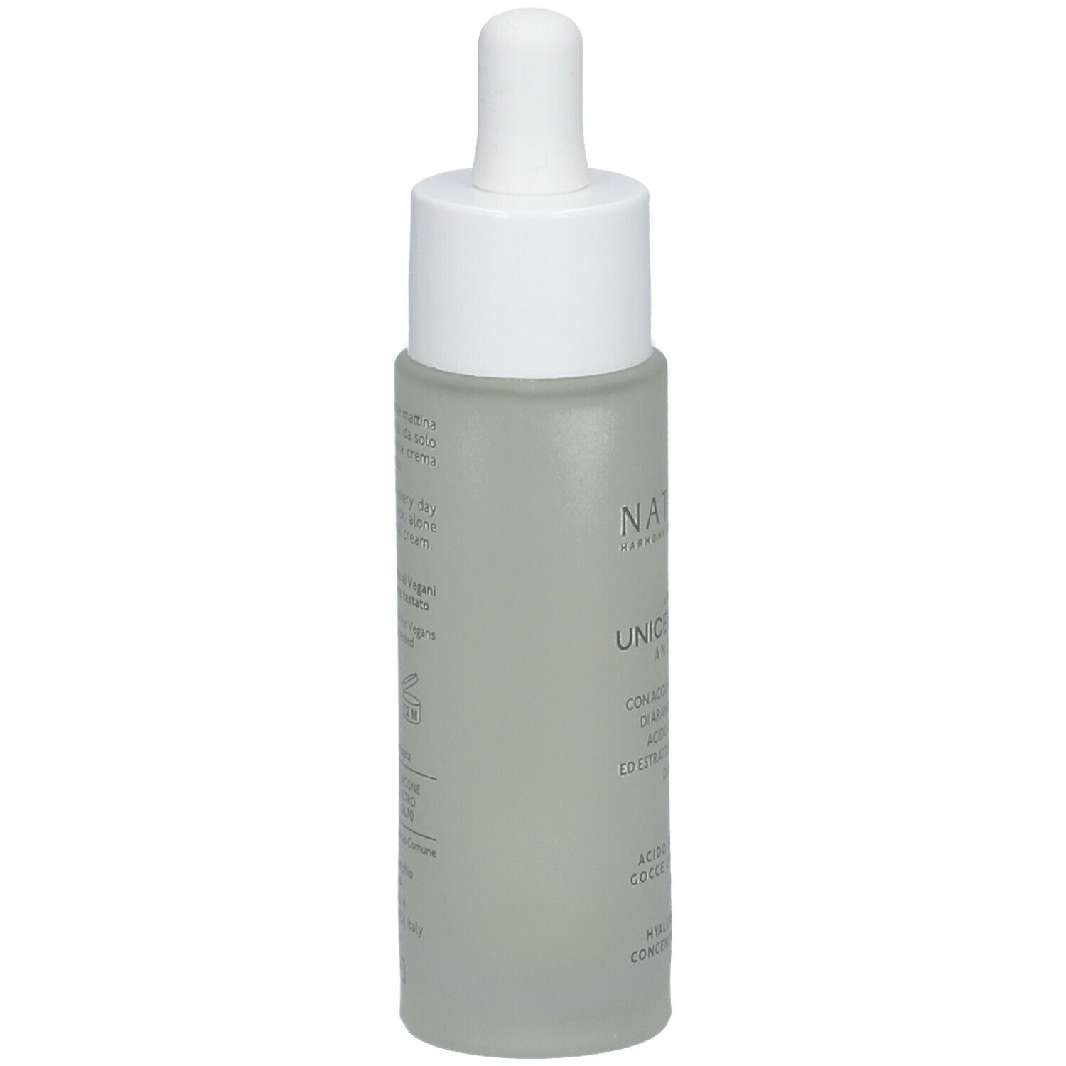Flacone con contagocce. NATURE'S Unicellular Anti-Ageing Waters. Testo sul lato.