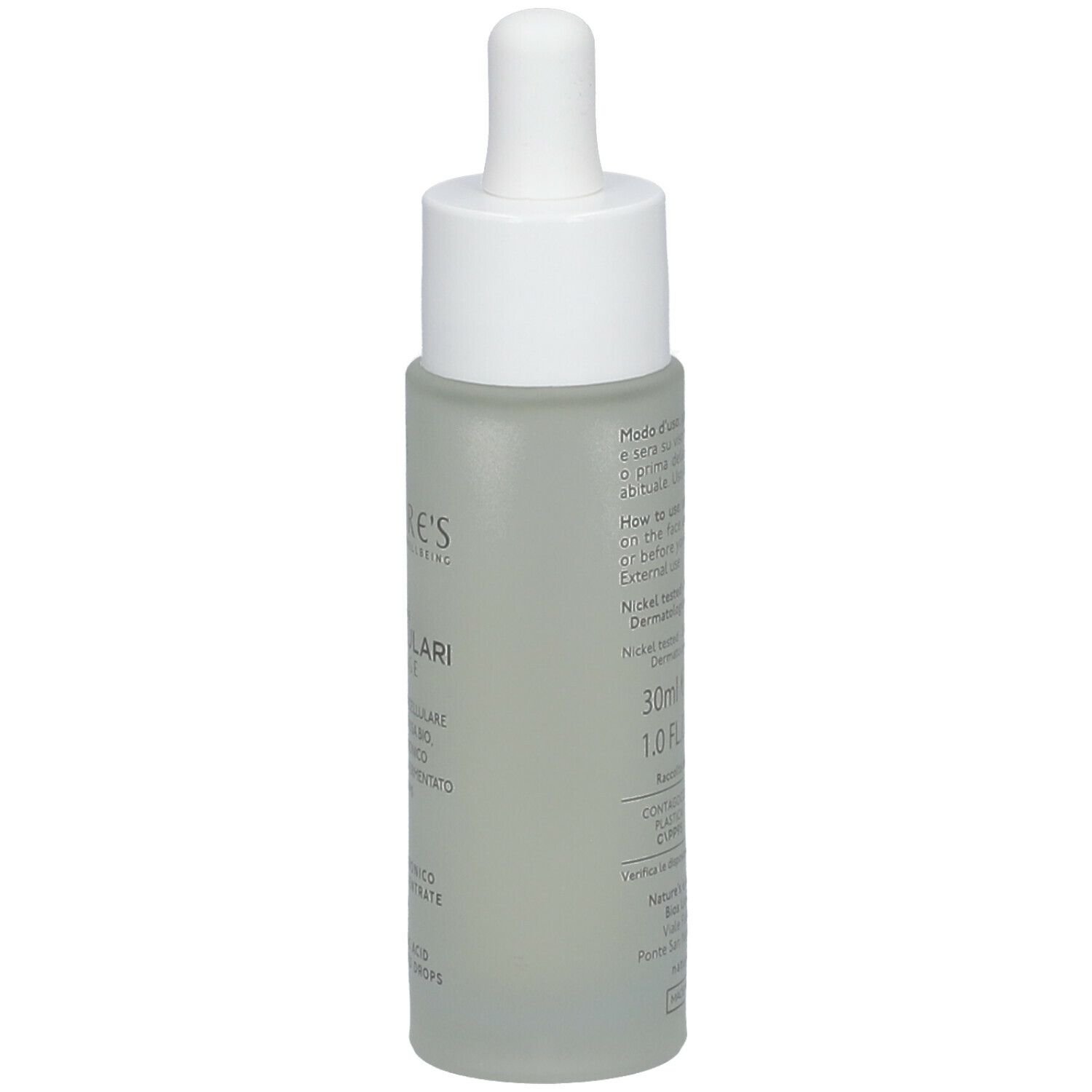 Retro del flacone. NATURE'S Unicellular Anti-Ageing Waters. 30ml, 1.0 fl oz.