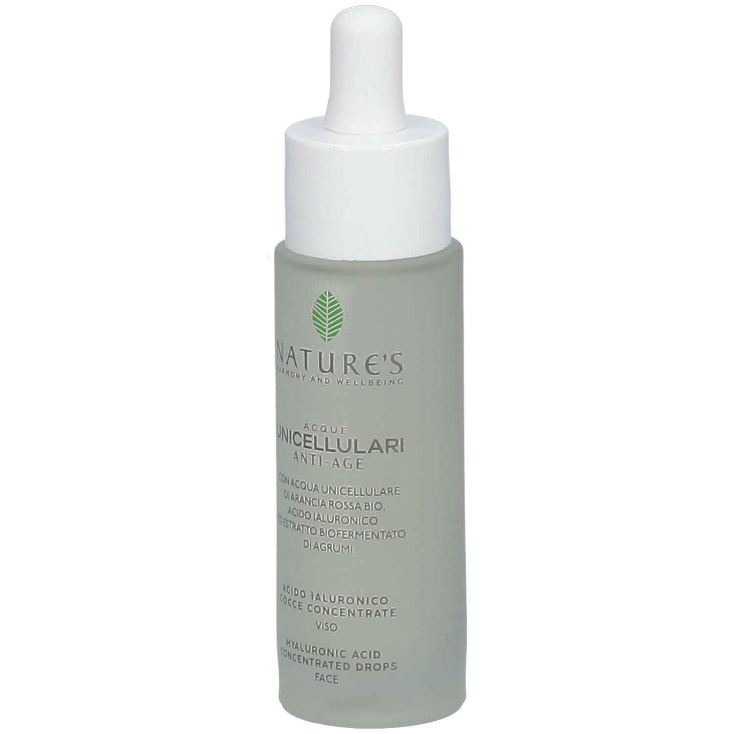 Flacone con contagocce. NATURE'S Unicellular Anti-Ageing Waters. Gocce concentrate di acido ialuronico.