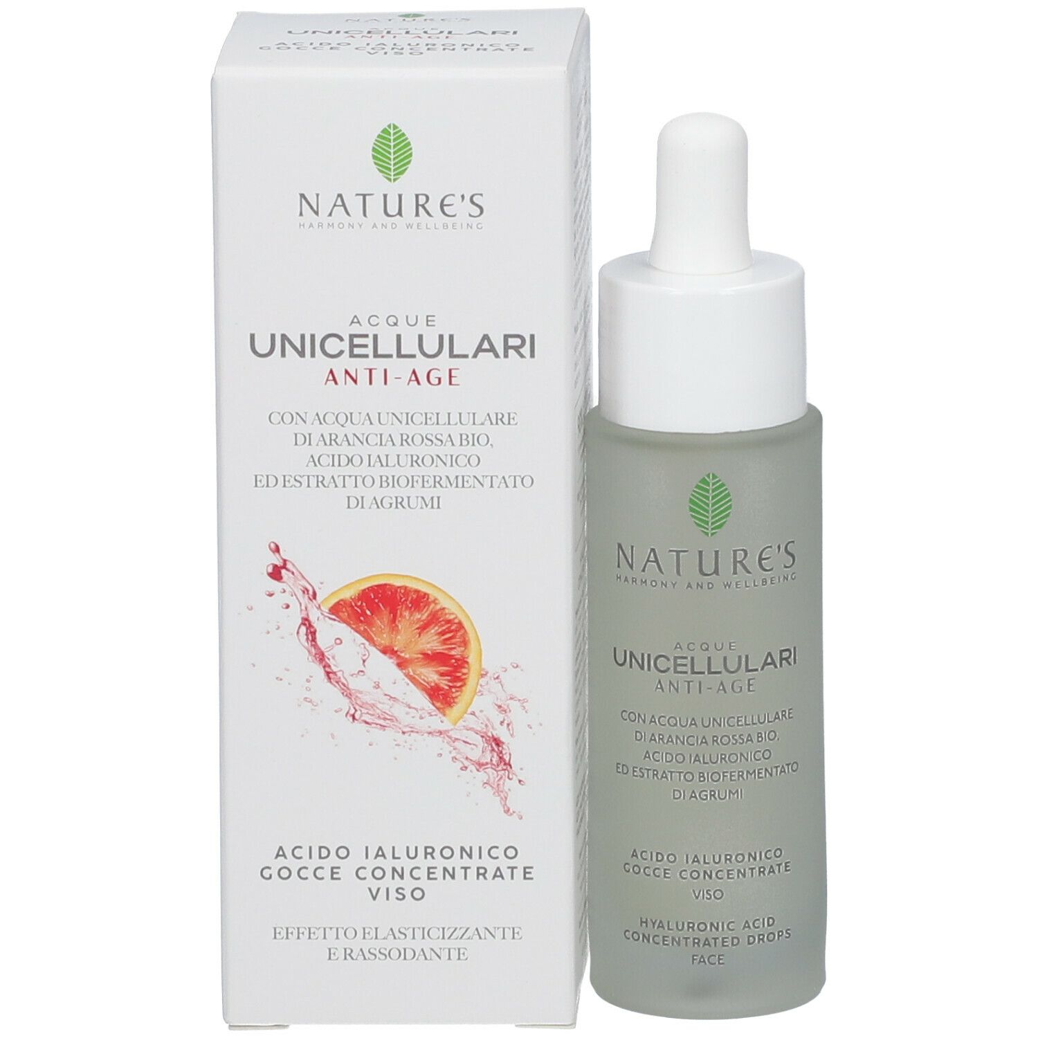 Prodotto e confezione. NATURE'S Unicellular Anti-Ageing Waters. Gocce concentrate di acido ialuronico.
