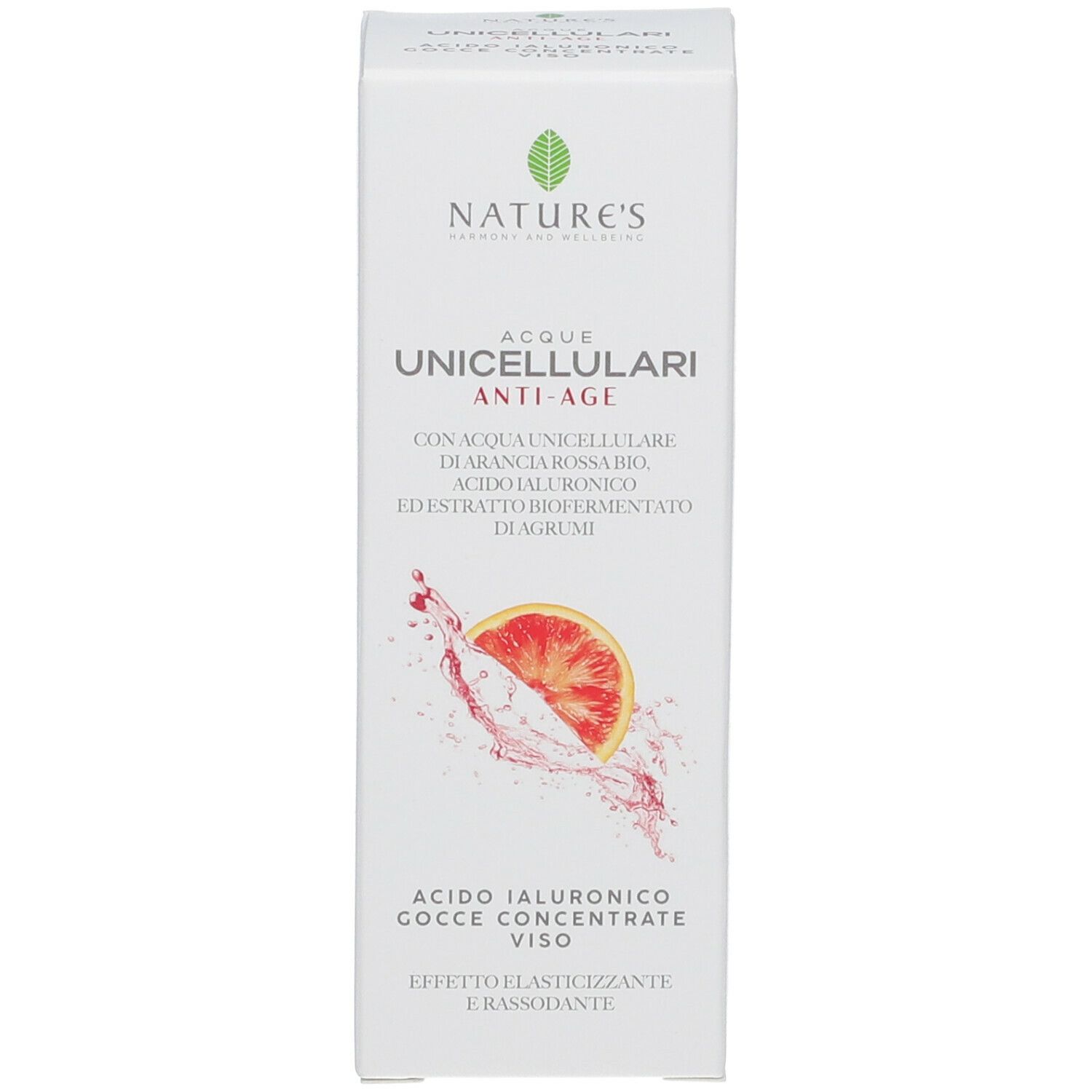 Confezione. NATURE'S Unicellular Anti-Ageing Waters. Gocce concentrate di acido ialuronico. Illustrazione di un'arancia rossa.