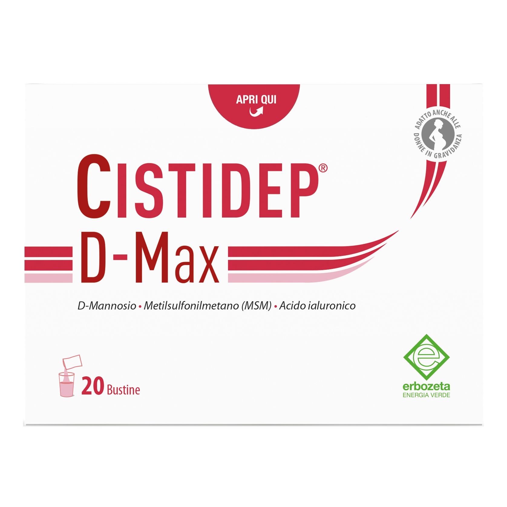 Confezione di Cistidep D-Max, 20 bustine. Scritta: D-Mannosio, Metilsulfonilmetano (MSM), Acido ialuronico. Logo Erbozeta.