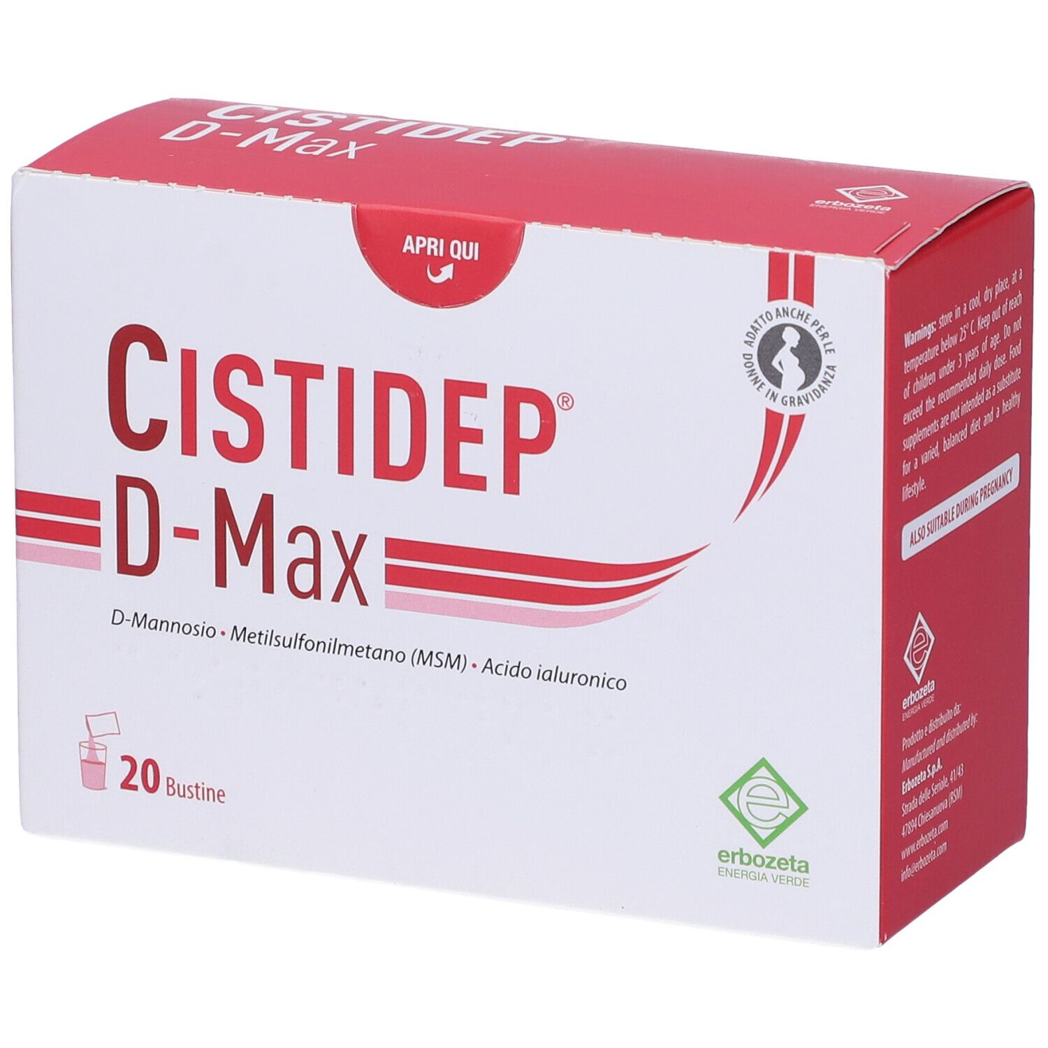 Scatola di Cistidep D-Max, 20 bustine. Scritta: D-Mannosio, Metilsulfonilmetano (MSM), Acido ialuronico. Logo Erbozeta.