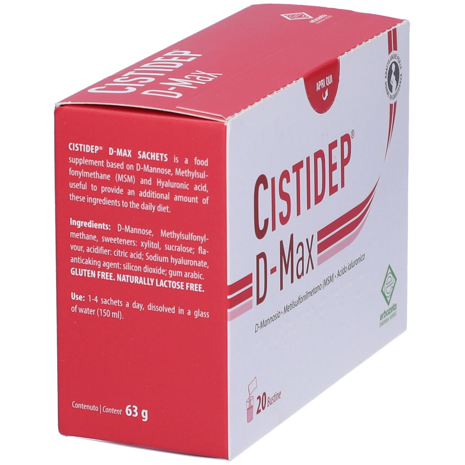 Scatola di Cistidep D-Max, 20 bustine. Scritta: D-Mannosio, Metilsulfonilmetano (MSM), Acido ialuronico. Logo Erbozeta. Testo.