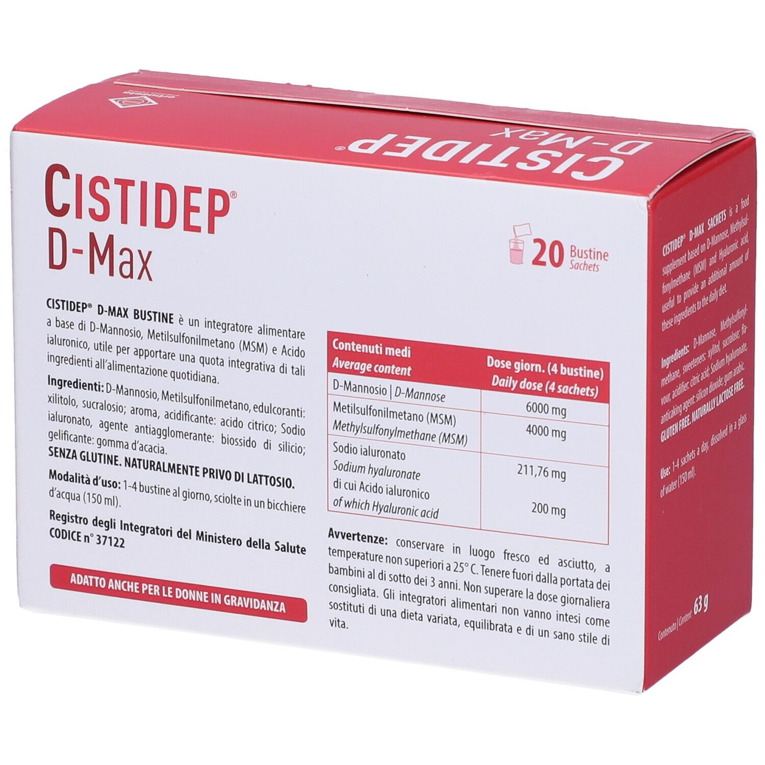 Scatola di Cistidep D-Max, 20 bustine. Scritta: D-Mannosio, Metilsulfonilmetano (MSM), Acido ialuronico. Logo Erbozeta. Testo.