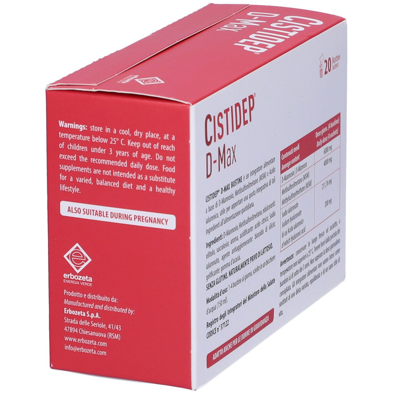 Scatola di Cistidep D-Max, 20 bustine. Scritta: D-Mannosio, Metilsulfonilmetano (MSM), Acido ialuronico. Logo Erbozeta. Testo.