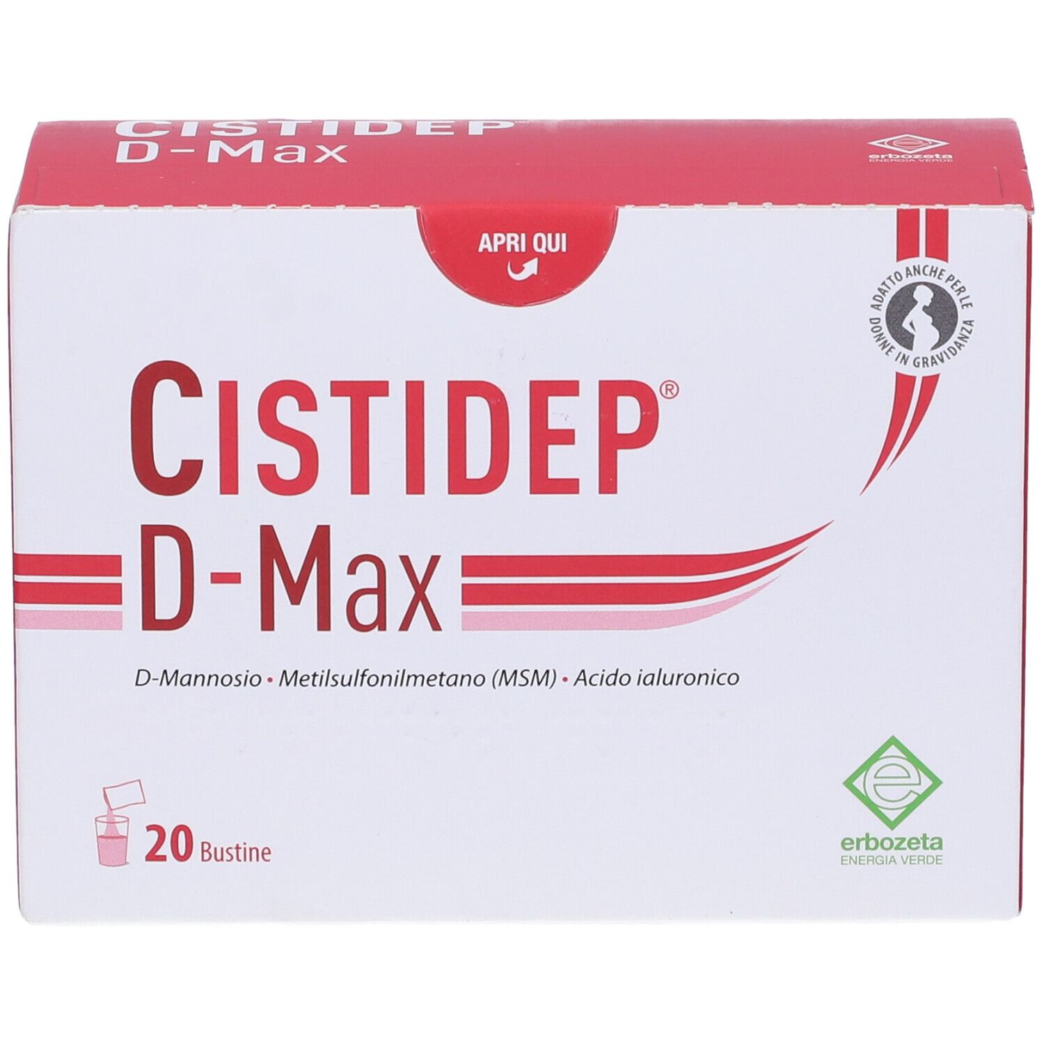 Confezione di Cistidep D-Max, 20 bustine. Scritta: D-Mannosio, Metilsulfonilmetano (MSM), Acido ialuronico. Logo Erbozeta.