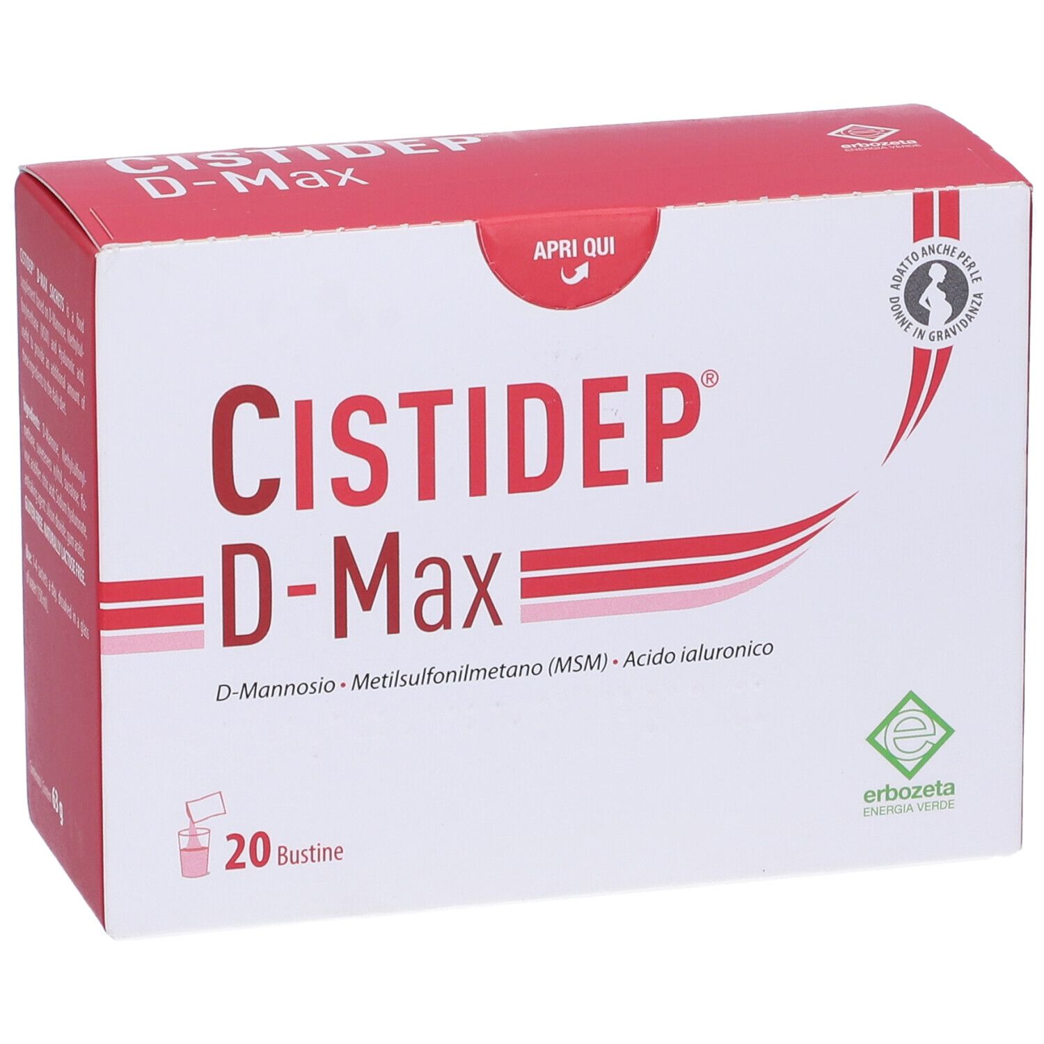 Scatola di Cistidep D-Max, 20 bustine. Scritta: D-Mannosio, Metilsulfonilmetano (MSM), Acido ialuronico. Logo Erbozeta.