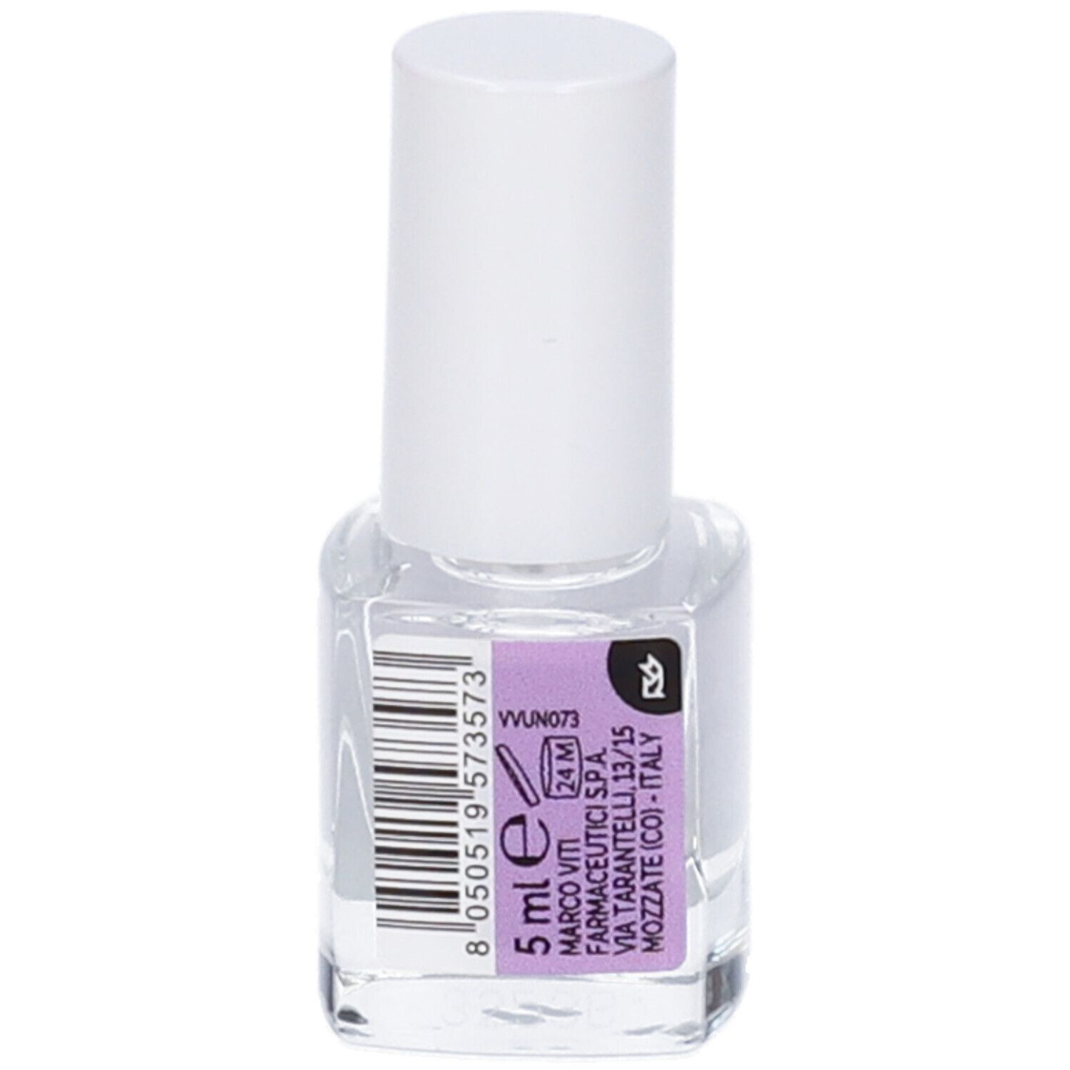 Flacone di smalto trasparente con tappo bianco. Etichetta con testo e codice a barre. Volume: 5 ml.