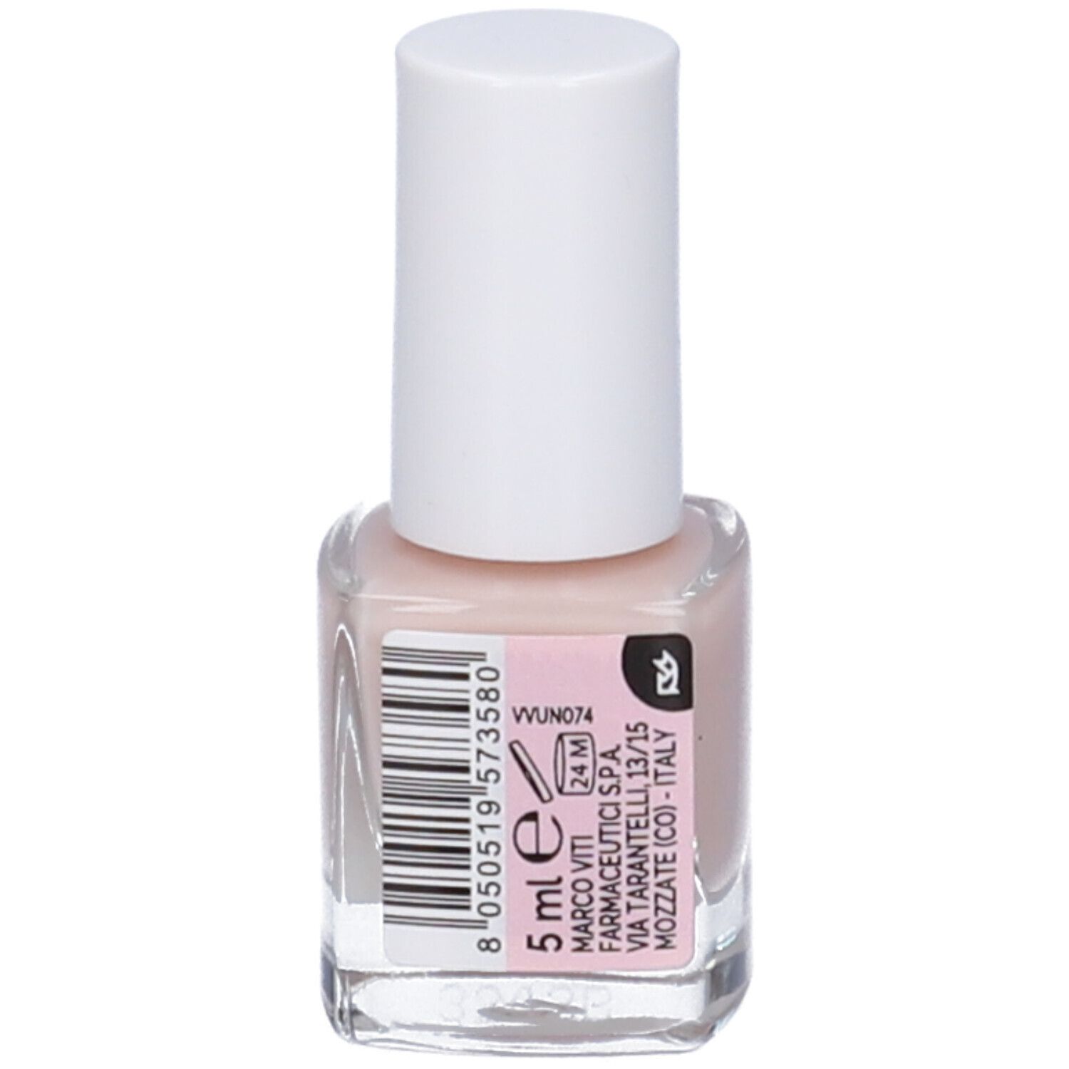 Flacone di smalto con tappo bianco. Contenuto rosa. Scritte: 5 ml, Marco Viti, 24 M. Prodotto in Italia.