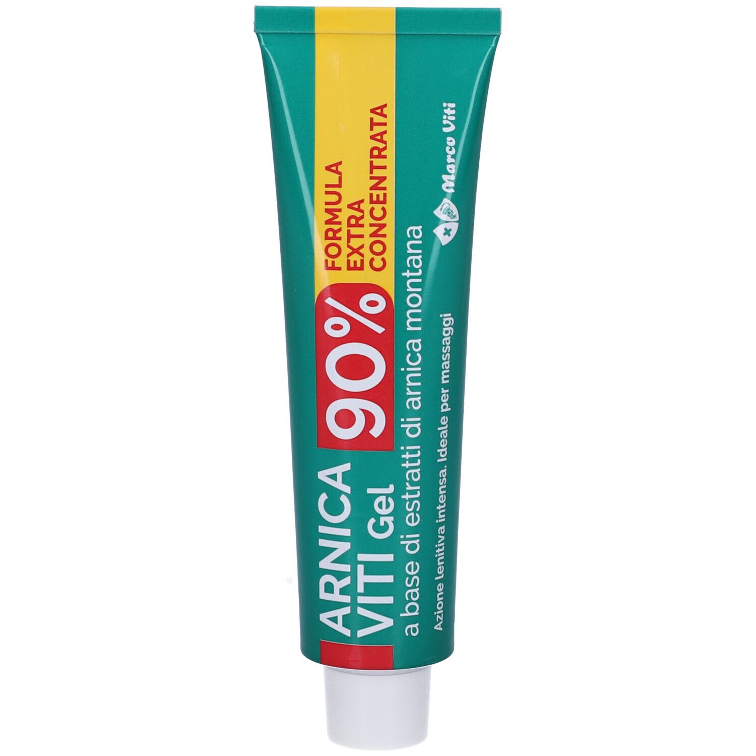 Tubo verde con tappo giallo. Scritta: Arnica Viti Gel 90%. Formula Extra Concentrata. Ideale per massaggi.
