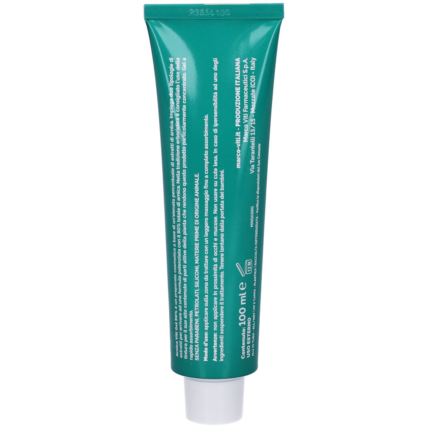 Retro del tubo verde. Testo in italiano. Contiene 100 ml. Informazioni del produttore.