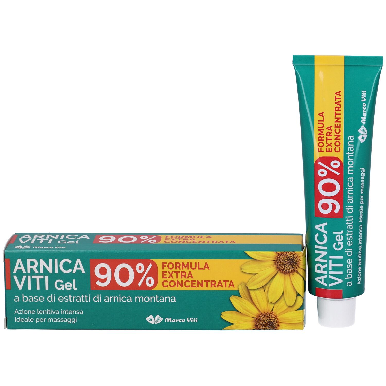Confezione e tubo. Scritta: Arnica Viti Gel 90%. Formula Extra Concentrata. Con illustrazione di girasoli.