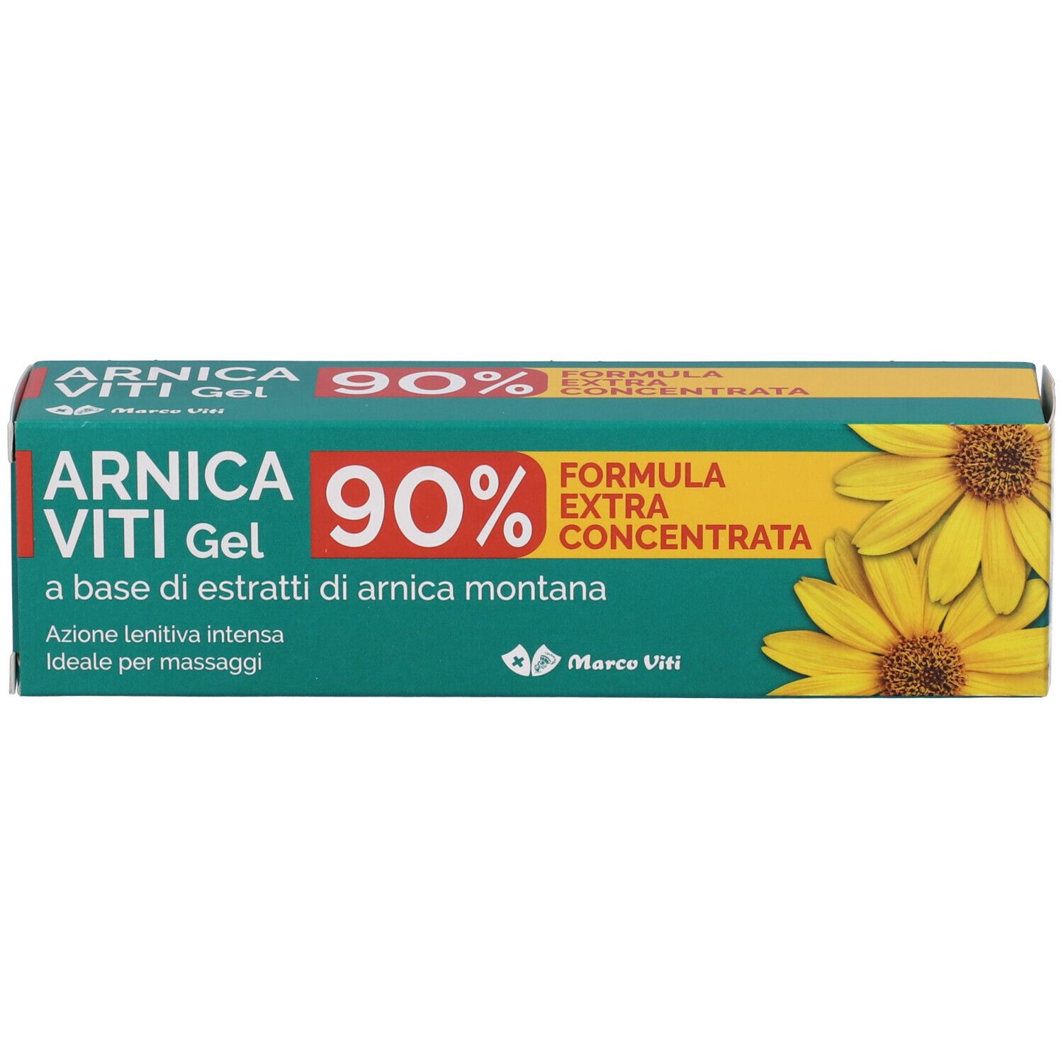 Confezione del prodotto. Scritta: Arnica Viti Gel 90%. Formula Extra Concentrata. Con illustrazione di girasoli.