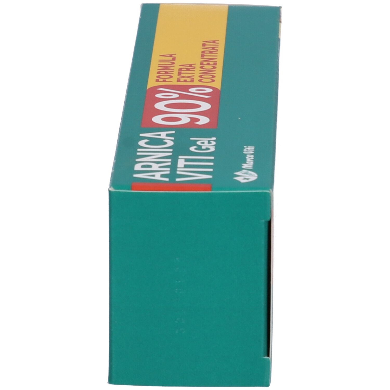 Vista laterale della confezione del prodotto. Scritta: Arnica Viti Gel 90%. Formula Extra Concentrata.