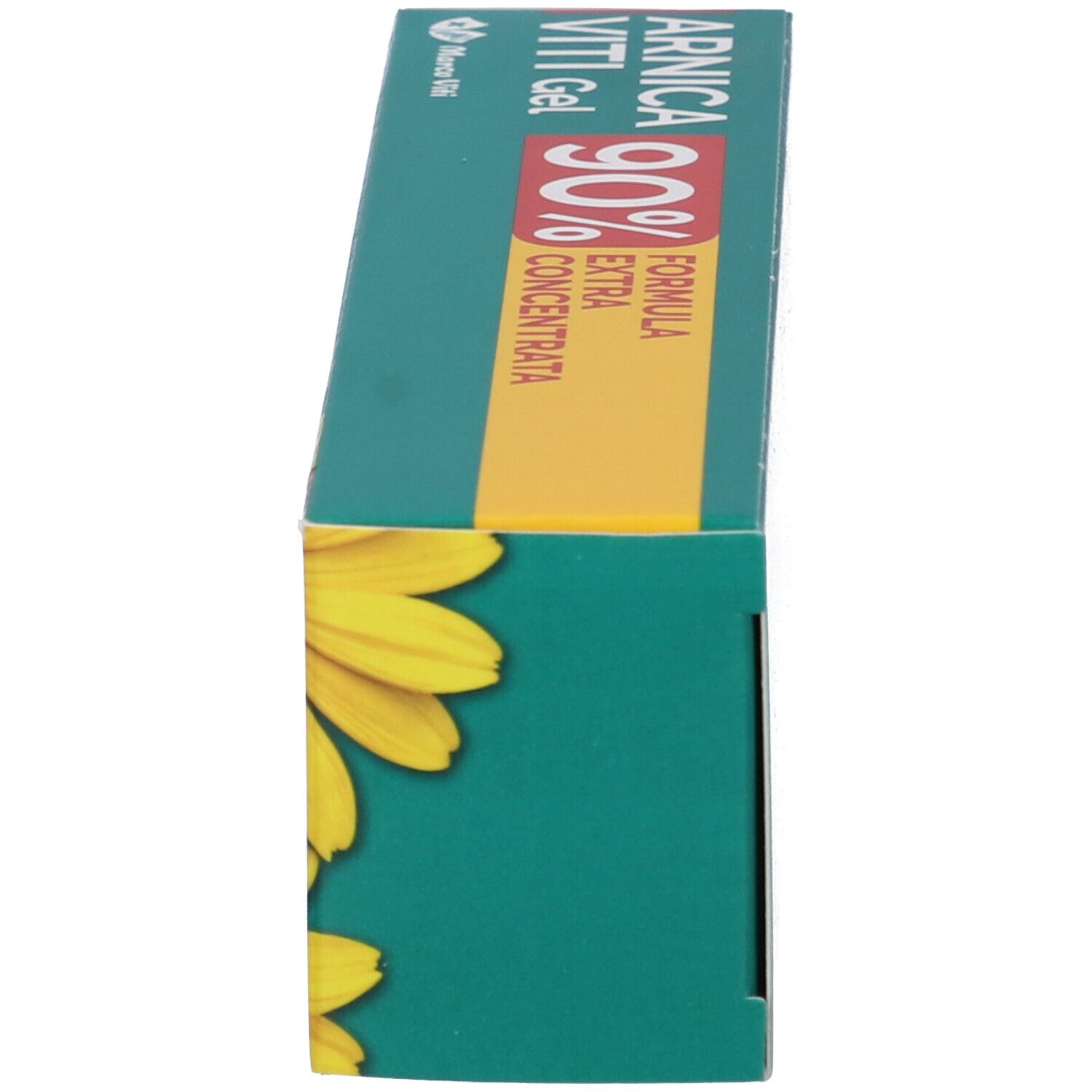 Vista laterale della confezione del prodotto. Con illustrazione di girasoli. Scritta: Arnica Viti Gel 90%.
